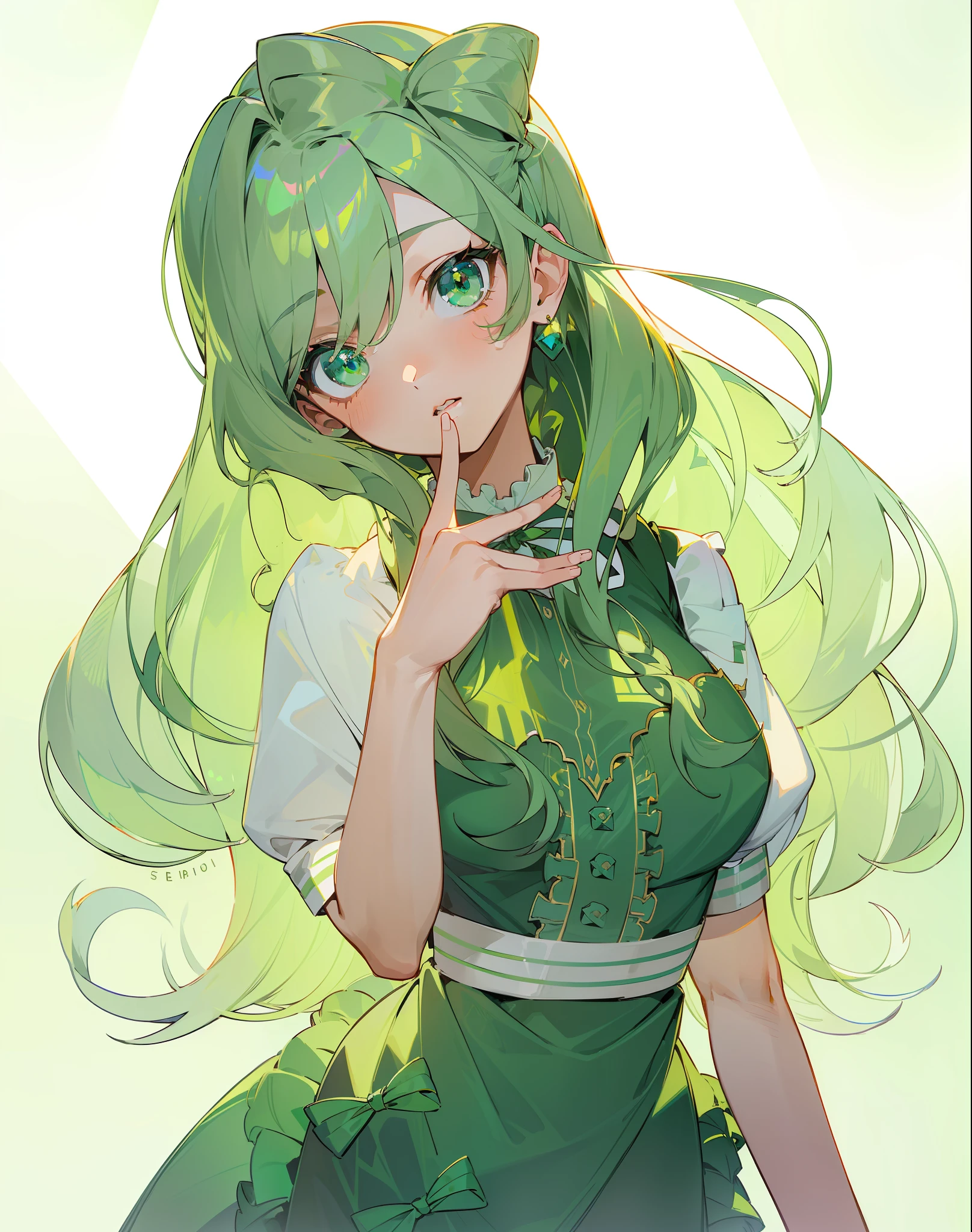 (Masterpiece), (Best Quality), (Super Detail), Tilting the Head, Putting the Index Finger to the Lips, (Braids Only Partly), (Illustration), (1 Girl), Transparent Woman, Backlit, Warm Sunlight, (Light Emerald Green Long Hair 1.5) (Green Eyes), (Serafuku), ((Serafuku)), Standing, Fashion Model, Staring at the Audience