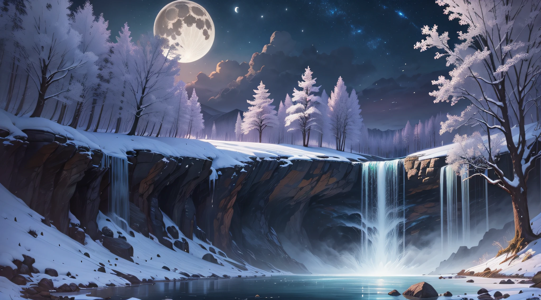 landscape, magic, trees, single moon, nocturnal, waterfall, wildlife --auto --s2