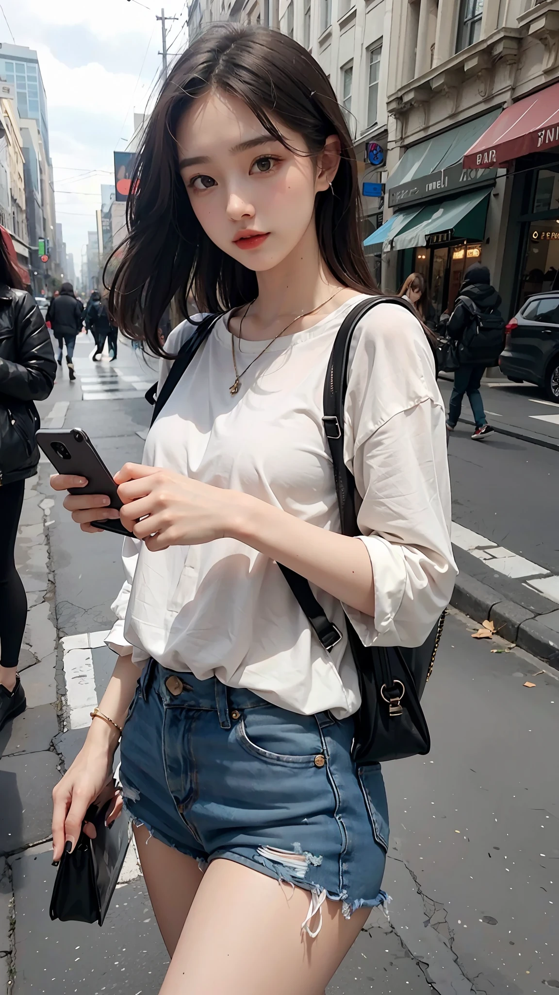 Beautiful woman, fiddling with cell phone in the middle of the street, short clothes