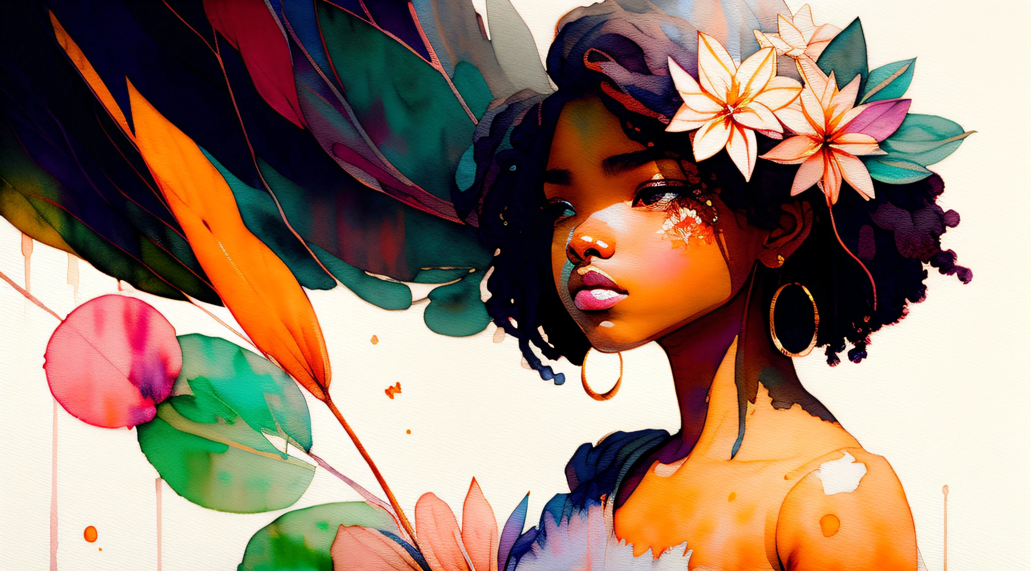 wtrcolor style, digital art of (jasmine), official art, windblown, masterpiece, beautiful, ((watercolor)), ink splashes, intricate details. Great detail, [pinging: 0.7], Trending on Artstation, characters 
represented in a minimal way: we focus on your shape, hair, accessories and the essentials of your surroundings, creating a comprehensive representation to the general public