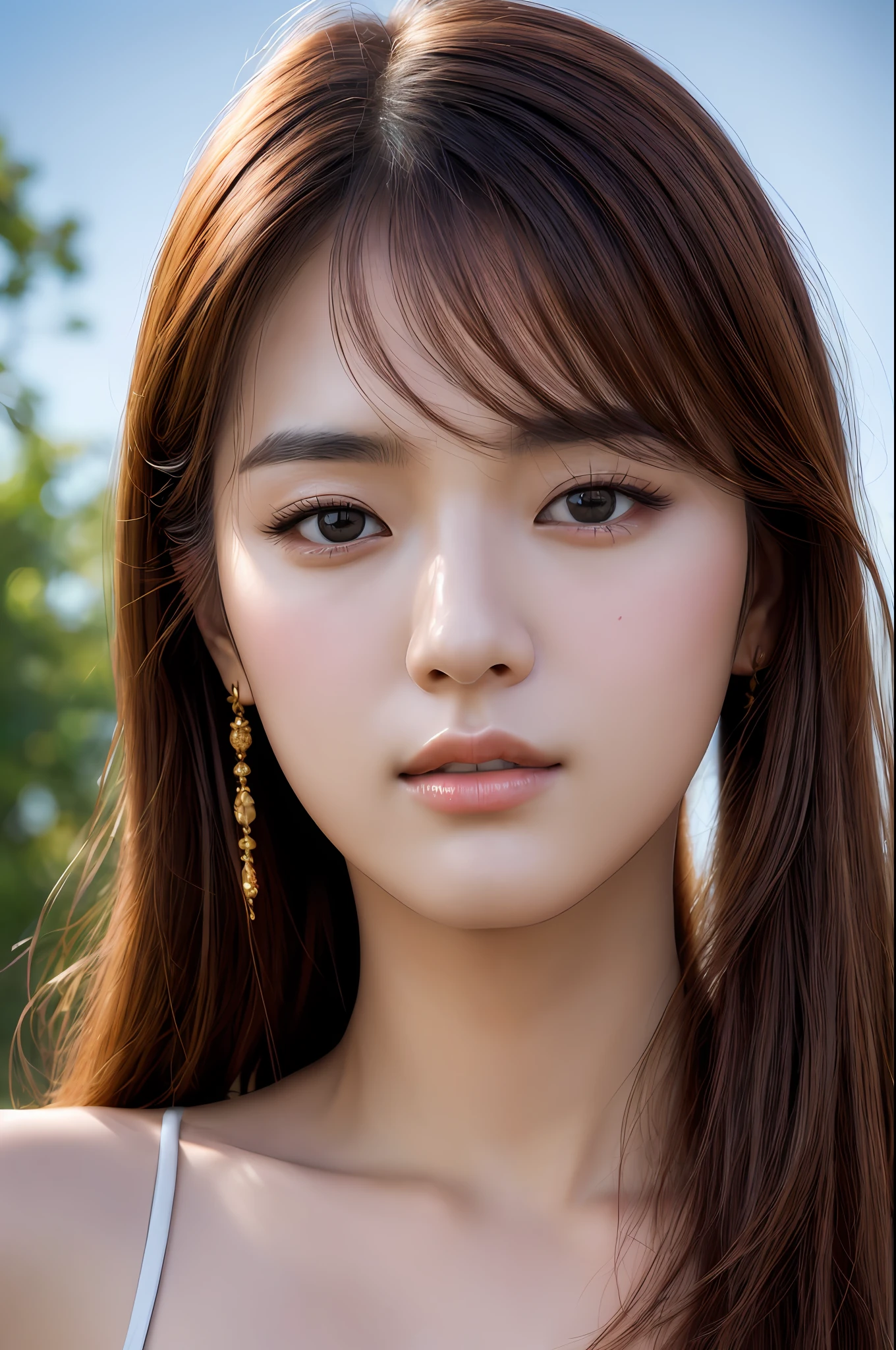 (masterpiece, best quality:1.2), (RAW photo, realistic, photorealistic:1.3), (8K, highres, ultra detailed:1.2), 1girl, (perfect anatomy), (focus on face, looking at viewer), (Korean beauty, K-pop idol), (detailed eyebrows, realistic beautiful eyes, realistic glossy skin, detailed beautiful handsome face:1.2), (slender, small breasts:1.3), bangs, (realistic cinematic lighting, detailed shadowing, high contrast:1.2), upper body, outdoors