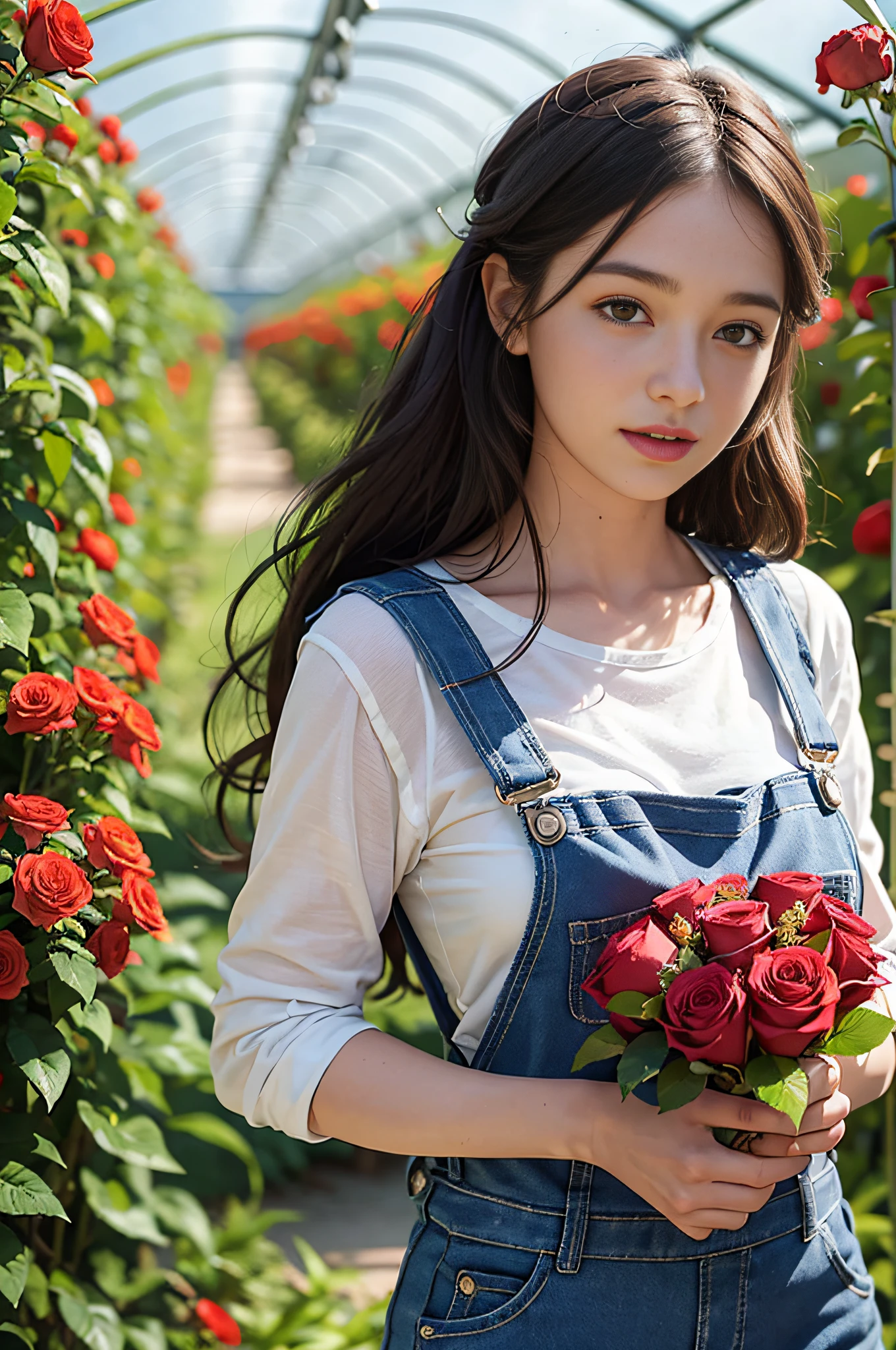 Portrait of a young woman gardener wearing overalls inside a lush greenhouse with lots of flowers, she is holding a bundle of roses