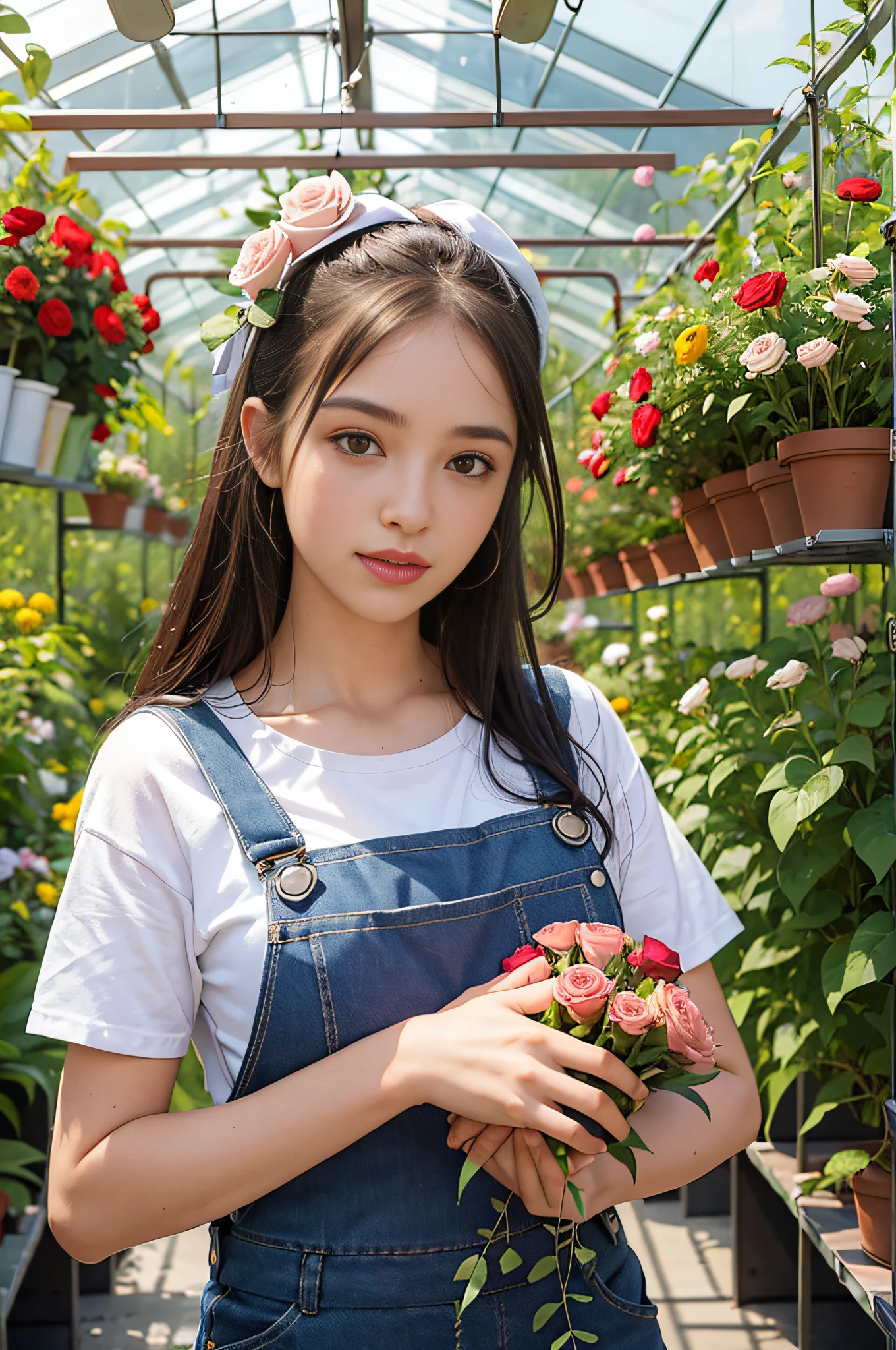 Portrait of a young woman gardener wearing overalls inside a lush greenhouse with lots of flowers, she is holding a bundle of roses