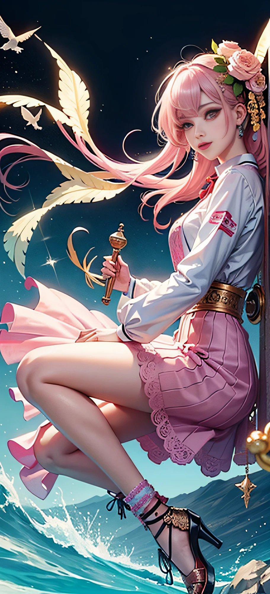 (Masterpiece, Top Quality, Best Quality, Official Art, Beauty and Aesthetics: 1.2), (1girl), Korean, (Smile), Extremely detailed, Colorful, Supreme Detailed, Uniform 8k wallpaper, Ultra detailed, Beautiful, Pale Pink hair color, (zentangle, flower, mandala, tangled, entangled), water art, surround, entangled, real, sci-fi background