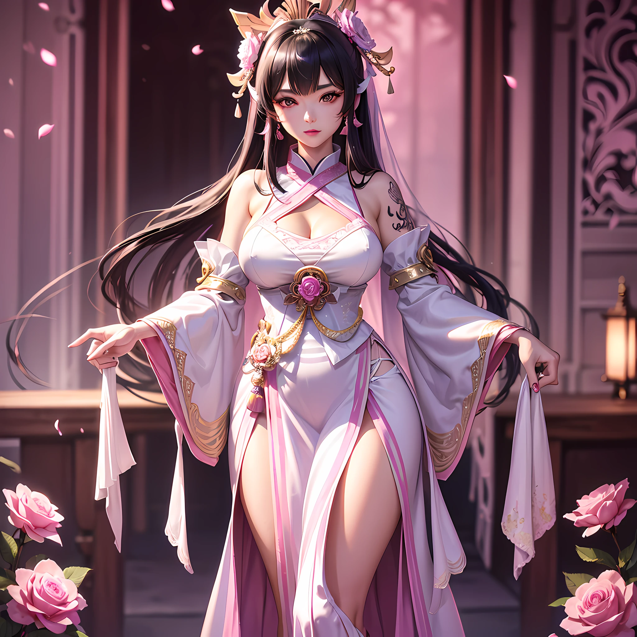 nighttime,full body,Genshin Impact:Yae Miko,(((Wearing palace wedding dress, Long skirt, large hem,Fabric: Chiffon ))), in Pink Rose Castle, Masterpiece,best quality,extremely detailed 3DCG, Cinema-4D ,8k,Photorealistic, ( ##tattoo ##,tattoo, ~+ tattoo), (erfect female curves),(A seductive gaze), Facing the camera, Pink lips,Blacklight lighting,
