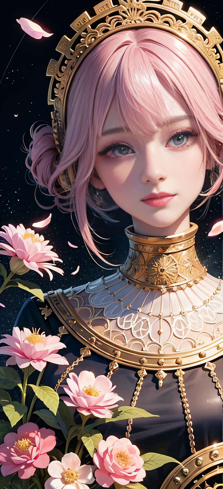 (Masterpiece, Top Quality, Best Quality, Official Art, Beauty and Aesthetics: 1.2), (1girl), Korean, (Smile), Extremely detailed, Colorful, Supreme Detailed, Uniform 8k wallpaper, Ultra detailed, Beautiful, Pale Pink hair color, (zentangle, flower, mandala, tangled, entangled), water art, surround, entangled, real, sci-fi background