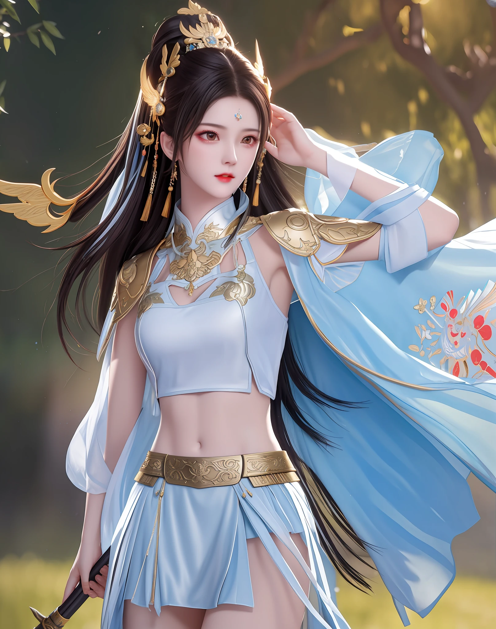 best quality, masterpiece, high resolution, 1girl, ancient chinese battlefield background, metal armor, cape, metal collar, ancient spear, hair ornament, necklace, jewelry, beautiful face, upon_body, tyndall effect, realistic, dark studio, edge lighting, duotone lighting, (high detail skin:1.2), 8k ultra hd, dslr camera, soft lighting, high quality, volumetric lighting, frank, photos, high resolution, 4k, 8k, bokeh, white bikini armor, Ancient metal spear, chest embroidered phoenix, metal cuirass, tight, weapons, short bracers, stockings, weapons
