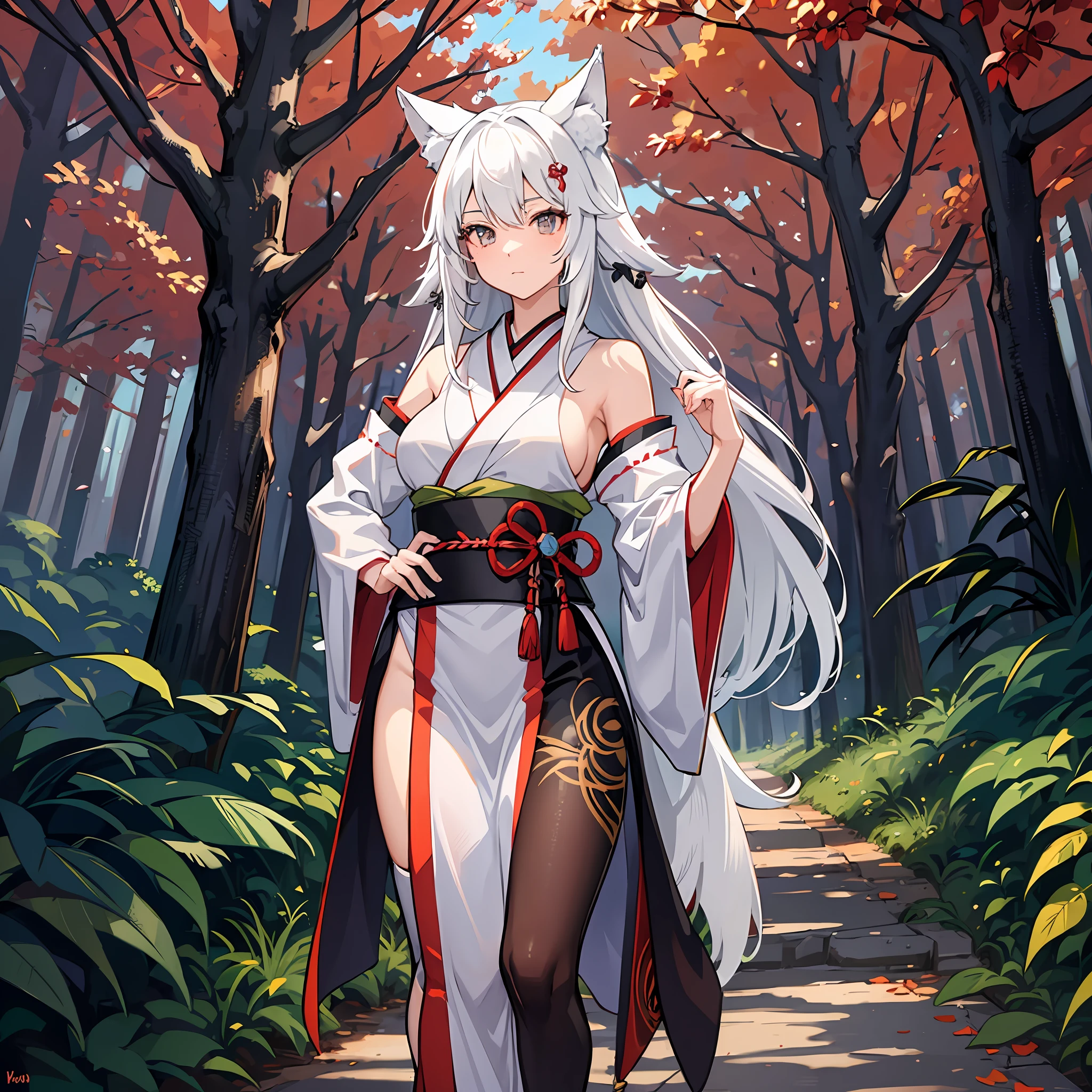 A she-wolf, female body, furry, athletic body, in a forest, white hair, Japanese kimono