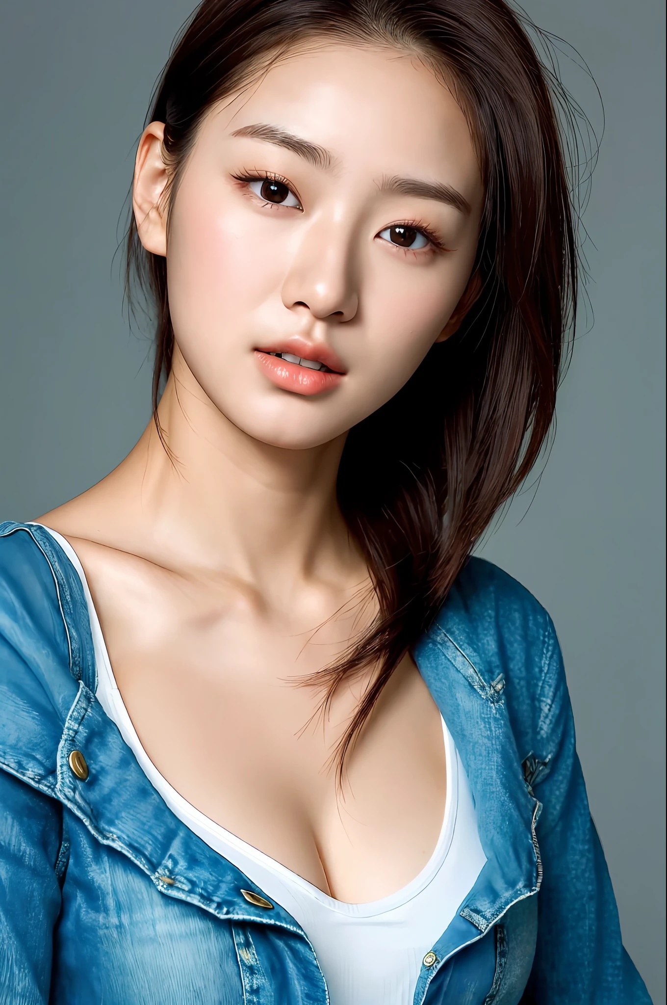 ultra realistic details, sharp focus,  detailed skin, 1 korean cute girl, small head,
(21 years old cute Korean girl:1.2), (kpop idol:1.2), (korean beauty:0.8), (korean mixed), (portrait:1.2), 
(large breasts),