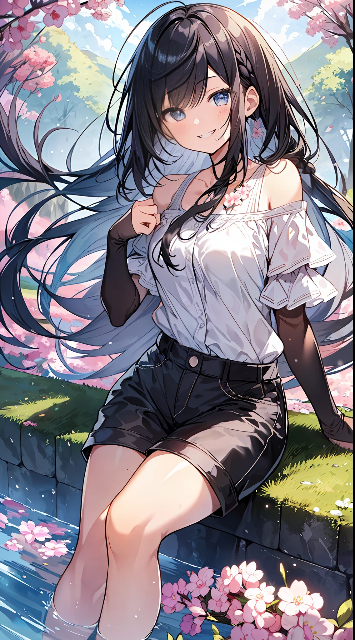 Top Quality, Masterpiece, Ultra High Definition, 8K, Summer Sky, Early Summer, ((Short Sleeve Cutter Shirt, Shorts)), Shojo Manga Style Loli, One, Soft Line Art, Digital Enhancement, Shojo Manga Touch, Shojo Manga Core, Flowing Fabric, Close Up, (Shoulder Length and Short Braid)), Wet Hair, Staring at us from the front, Soft Drawing, Beautiful Black Hair, Clear eyes, ((teasing smile)), ultra-detailed digital anime art, clear face depiction, ultra-detailed shoujo manga character art, ultra-detailed manga style, top quality colors, hand gestures, angle to see up to your feet, landscape with nature, looking up at the sky