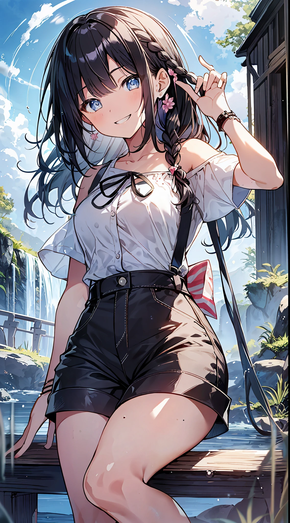 Top Quality, Masterpiece, Ultra High Definition, 8K, Summer Sky, Early Summer, ((Short Sleeve Cutter Shirt, Shorts)), Shojo Manga Style Loli, One, Soft Line Art, Digital Enhancement, Shojo Manga Touch, Shojo Manga Core, Flowing Fabric, Close Up, (Shoulder Length and Short Braid)), Wet Hair, Staring at us from the front, Soft Drawing, Beautiful Black Hair, Clear eyes, ((teasing smile)), ultra-detailed digital anime art, clear face depiction, ultra-detailed shoujo manga character art, ultra-detailed manga style, top quality colors, hand gestures, angle to see up to your feet, landscape with nature, looking up at the sky