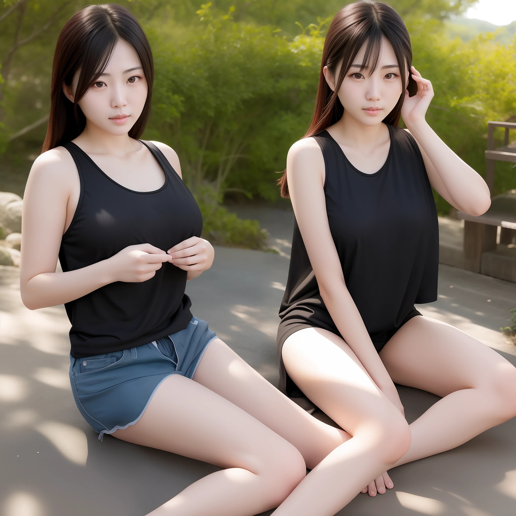 face live action, face realistic, sports, underwear, tank top, beautiful Japan woman, black eyes, double eyelids, full body slender, mole, sitting, outdoors, loose t-shirt, beautiful nipple slip