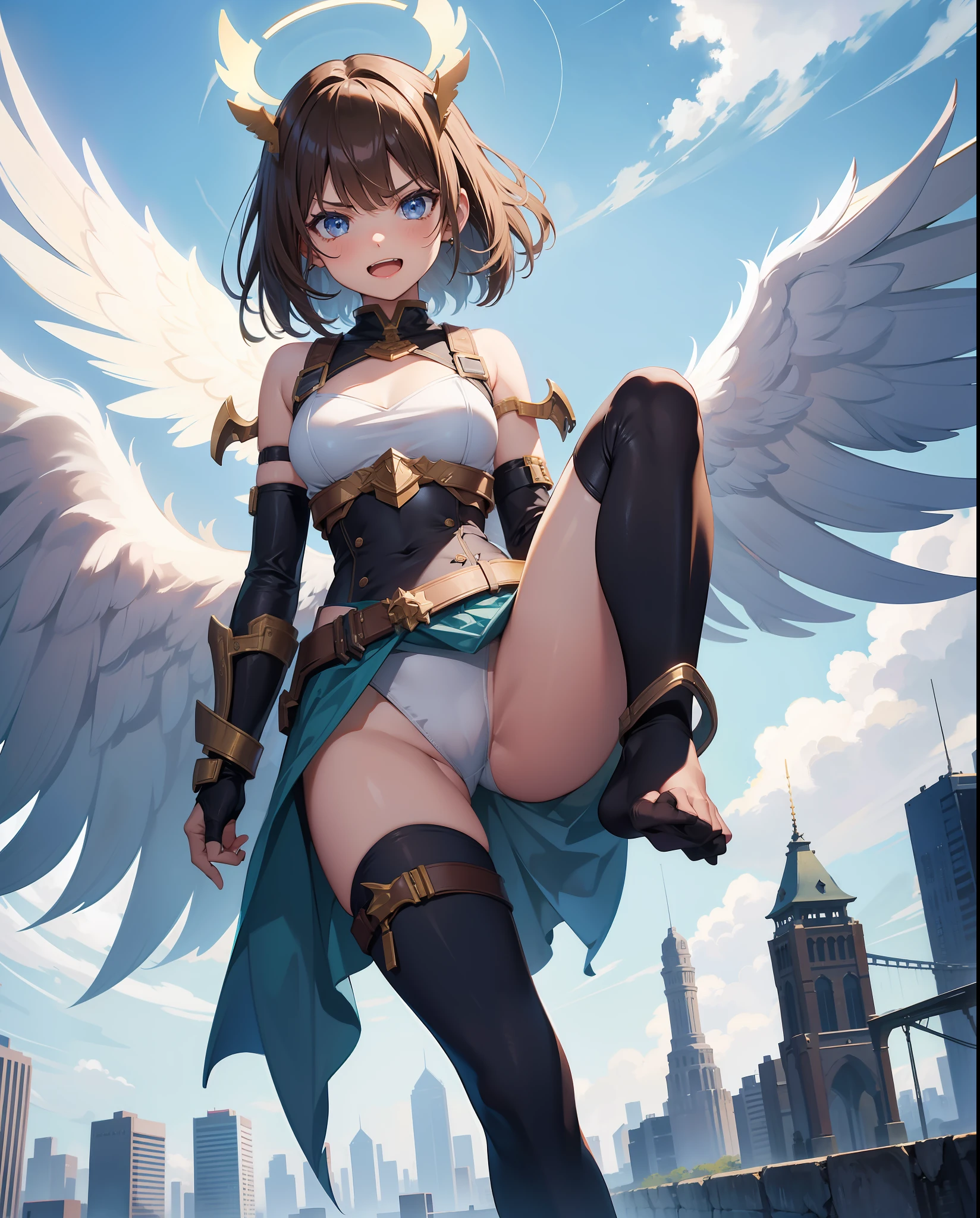 fantasy, 1angel_girl, _teeoli,brn_hair, medium_bob_hair, long_bangs, halo,bare_shoulder, thigh,silver_armor, blue_clothes,waist_armor, medium_breasts,angry,grinning,open_ mouth_teeth, 1pair_wings, dynamic_pose_fighting,floating, bare_crotch, naked_crotch, headgear,gauntlet, greaves,city_sky_background,slightly_spread_legs, solo