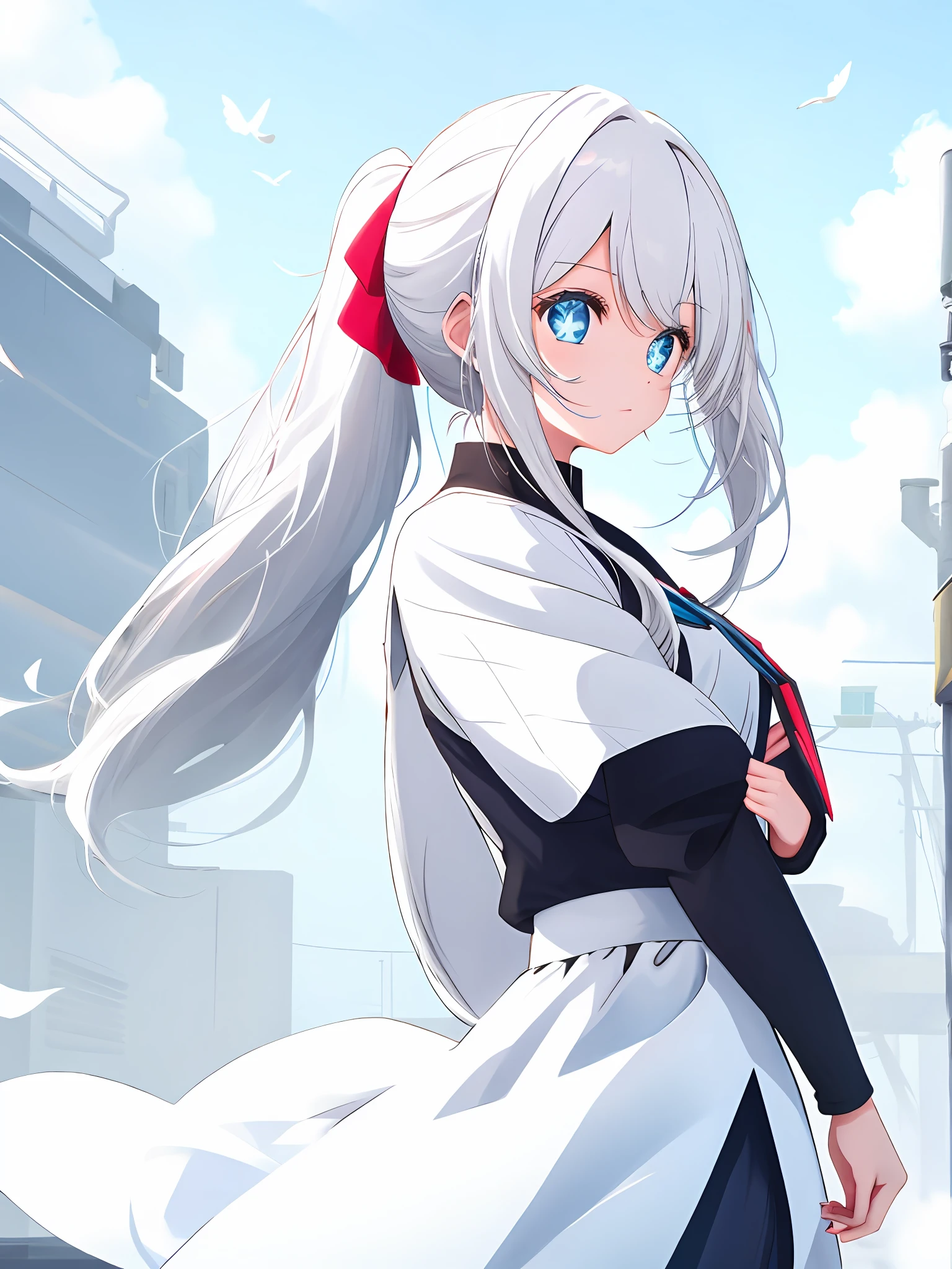 white hair, super long, ponytail, long hair fluttering in the wind, blue eyes, beautiful, cute