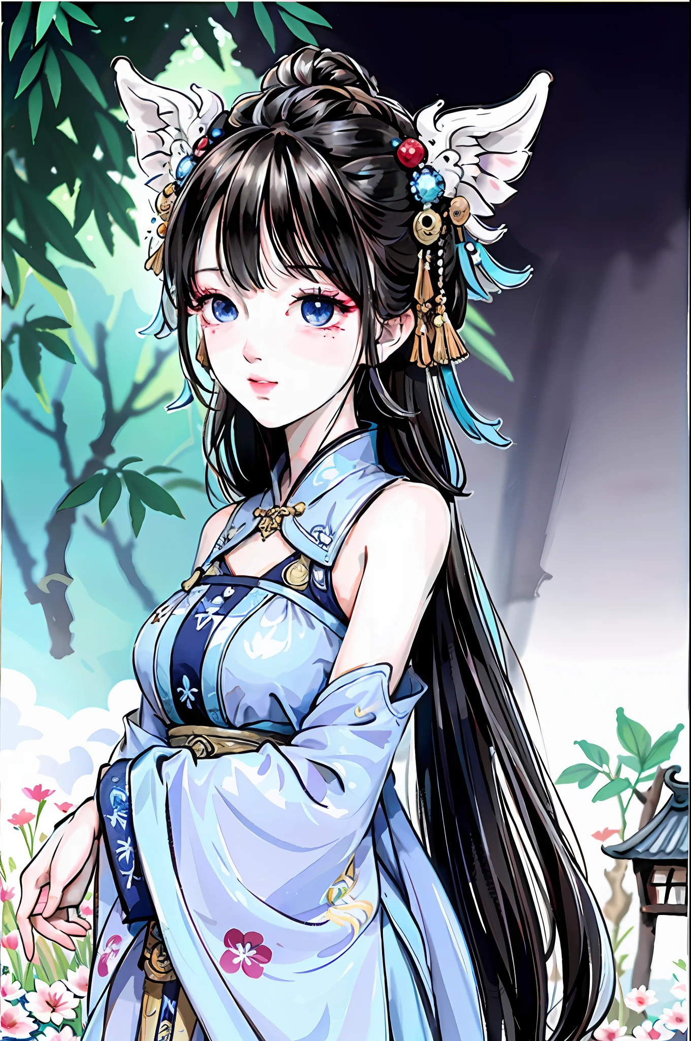 (masterpiece), best quality, good anatomy, shuimobysim, (1 girl: 1), (upper body), (smile), short hair, (hanfu), (ecchi0.5), (trees: 0.5), (flowers: 0.6), (wooden house: 0.2), (bamboo forest: 0.2), (stream: 0.2), (river: 0.2), dragon, dragon tail, dragon horn, Blue eyes, gemstone eyes