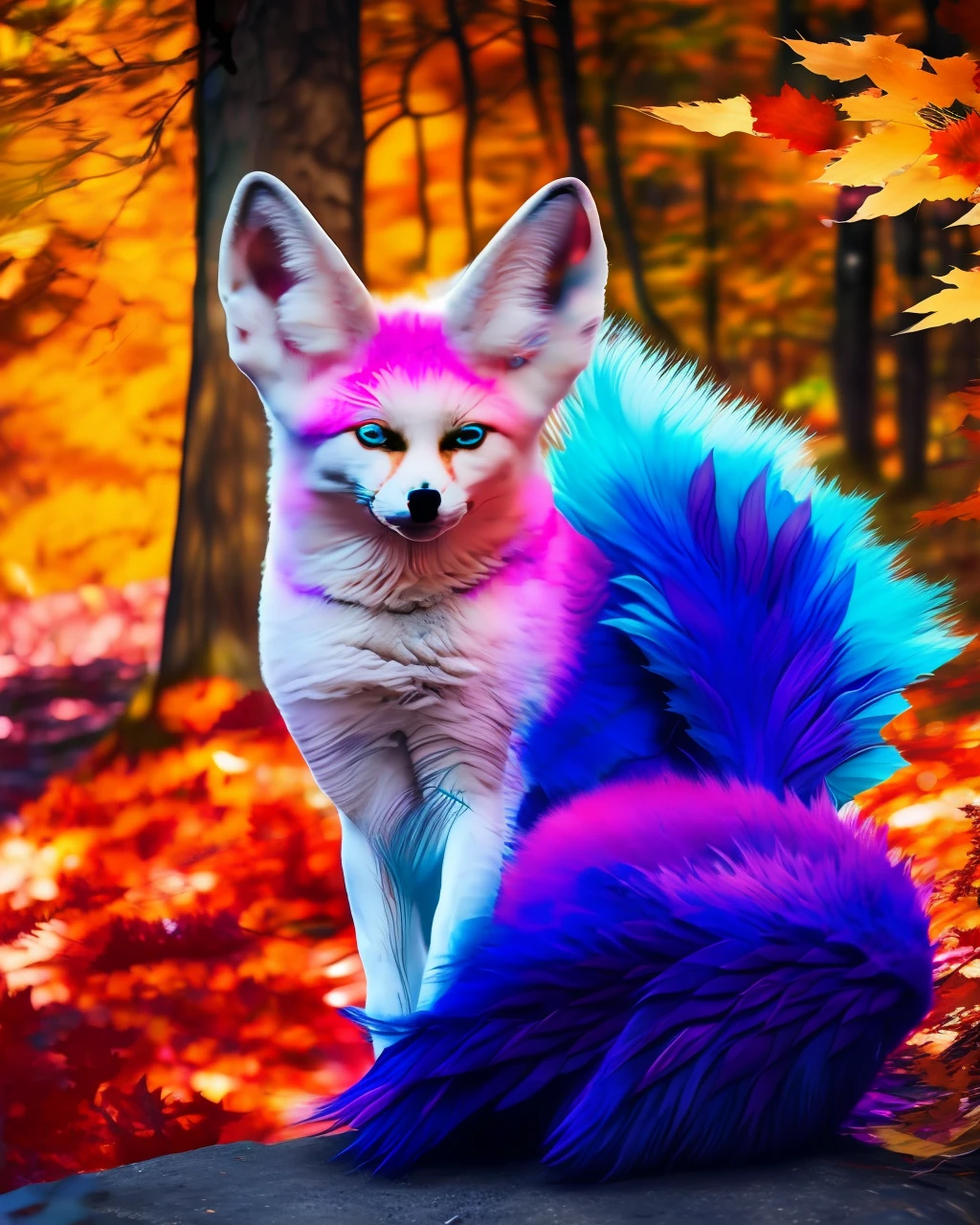 An ethereal Kitsune with shimmering fur, jewel-like eyes, and flowing multicolored hair (blue hair:1.2+purple hair:1.2+pink hair:1.1) stands in a mystical Japanese forest, surrounded by vibrant red and gold autumnal leaves. Light filters in through the trees, casting dappled shadows on the ground and illuminating the Kitsune's delicate features.