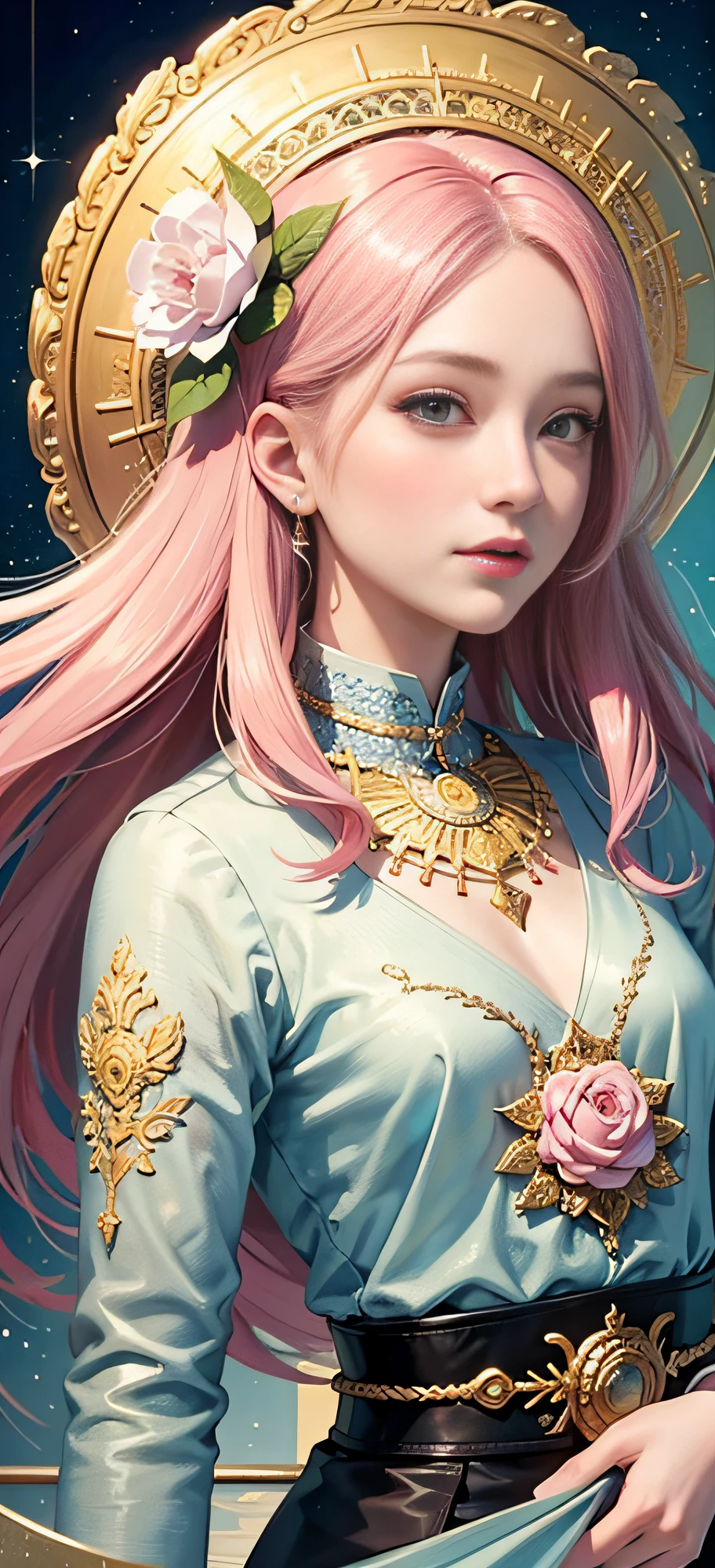 (Masterpiece, Top Quality, Best Quality, Official Art, Beauty and Aesthetics: 1.2), (1girl), Korean, (Smile), Extremely detailed, Colorful, Supreme Detailed, Uniform 8k wallpaper, Ultra detailed, Beautiful, Pale Pink hair color, (zentangle, flower, mandala, tangled, entangled), water art, surround, entangled, real, sci-fi background
