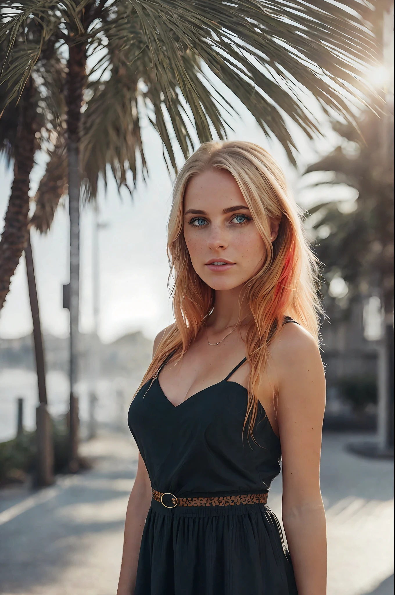 professional portrait photograph of a gorgeous Norwegian girl in short black summer dress, sultry flirty look, (freckles), gorgeous symmetrical face, cute natural makeup, sexy dressed, cleveage, ((standing outside in promenade)), stunning modern urban environment with palms, ultra realistic, concept art, elegant, highly detailed, intricate, sharp focus, depth of field, f/1. 8, 85mm, medium shot, mid shot, (((professionally color graded))), bright soft diffused light, (volumetric fog), trending on instagram, hdr 4k, 8k
