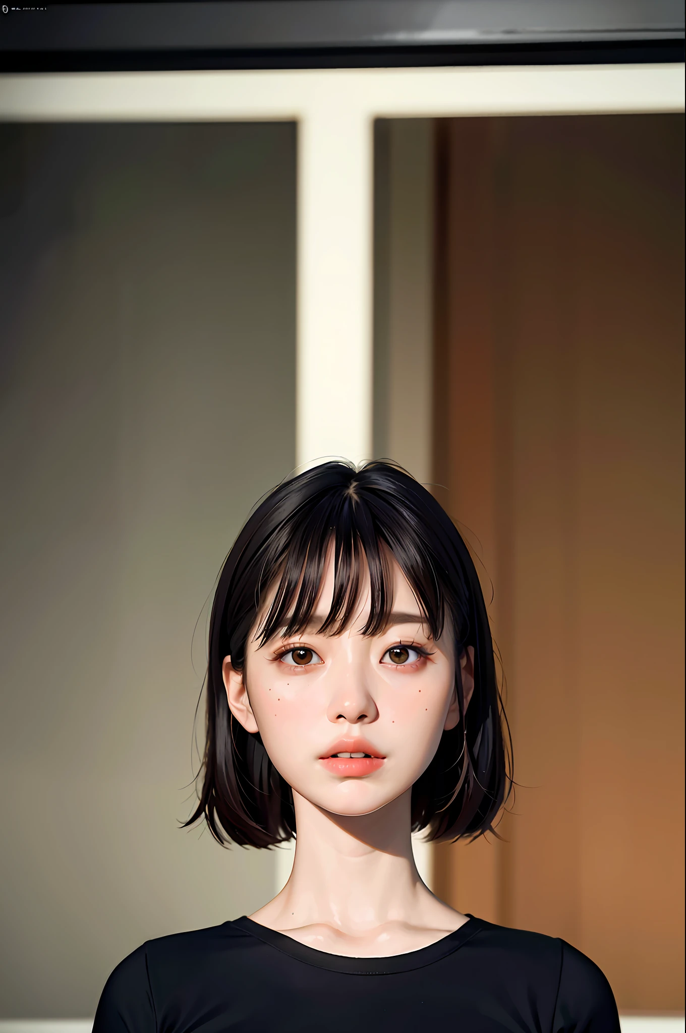 masterpiece, best quality, (dark photo: 1.3), photorealistic, 1girl, flat bangs, stunning innocent symmetrical face, shirt, emotional, orchan, (PureErosFace_V1:0.7), cup of coffee, enako