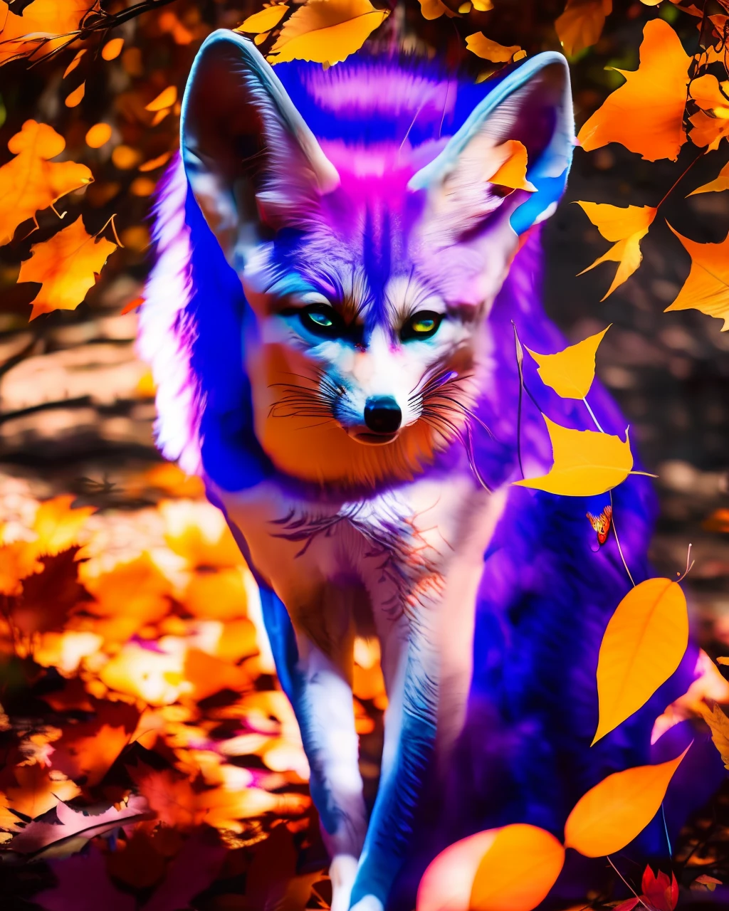 An ethereal Kitsune with shimmering fur, jewel-like eyes, and flowing multicolored hair (blue hair:1.2+purple hair:1.2+pink hair:1.1) stands in a mystical Japanese forest, surrounded by vibrant red and gold autumnal leaves. Light filters in through the trees, casting dappled shadows on the ground and illuminating the Kitsune's delicate features.