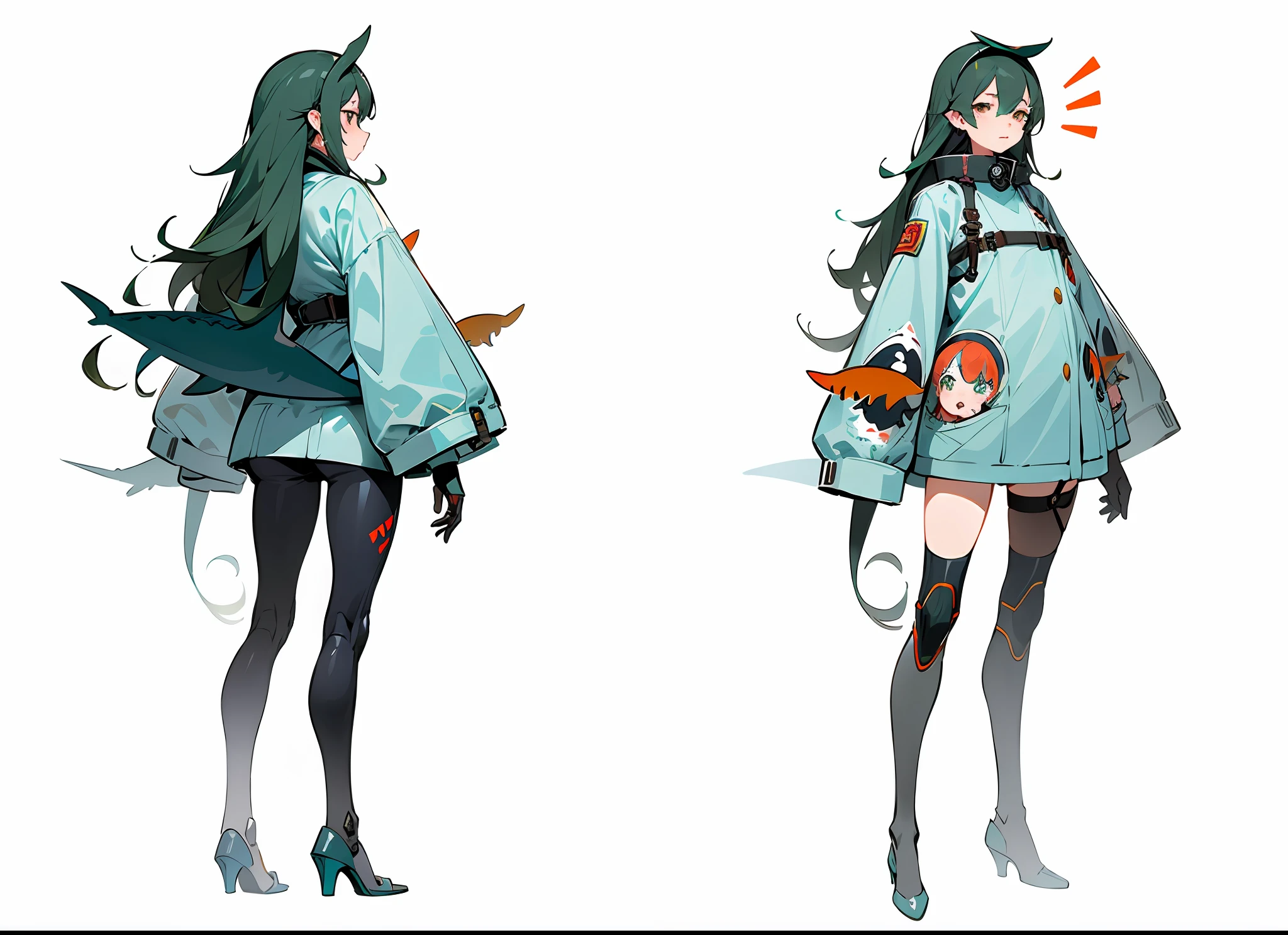 Anime characters, giant sharks, underwater elements with clouds above, anime robots mixed organic, mechanized witch girl, Sachin Teng, in the style of Sachin Teng, by Shitao, Mecha Aesthetics, Concept Art, E-Girl, E-Girl, Mouse Species Mecha, Mecha Animals, Krenz Cushart and Wenjun Lin, Cushart ((vtuber character design sheet, same character, front, side, Back)), whole body,
