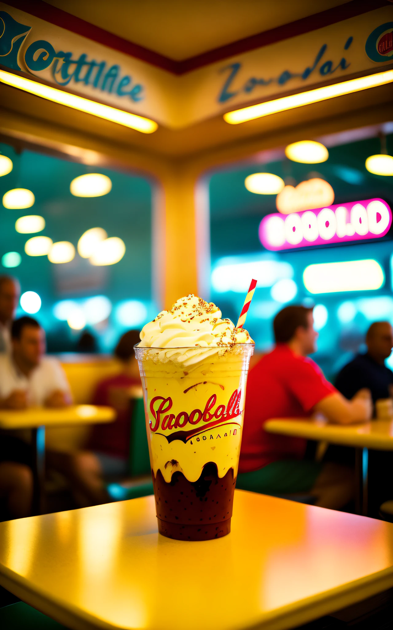 POV photo of an amazing snozboffle milkshake with chocolate syrup. busy retro diner interior background, people in background, kodak vision 3
