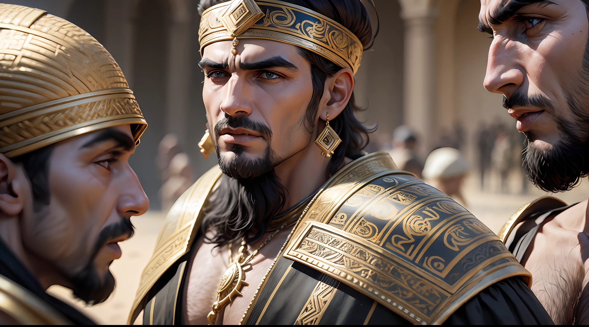 Group of Babylonian men arguing among themselves, 8K image, close-up on face