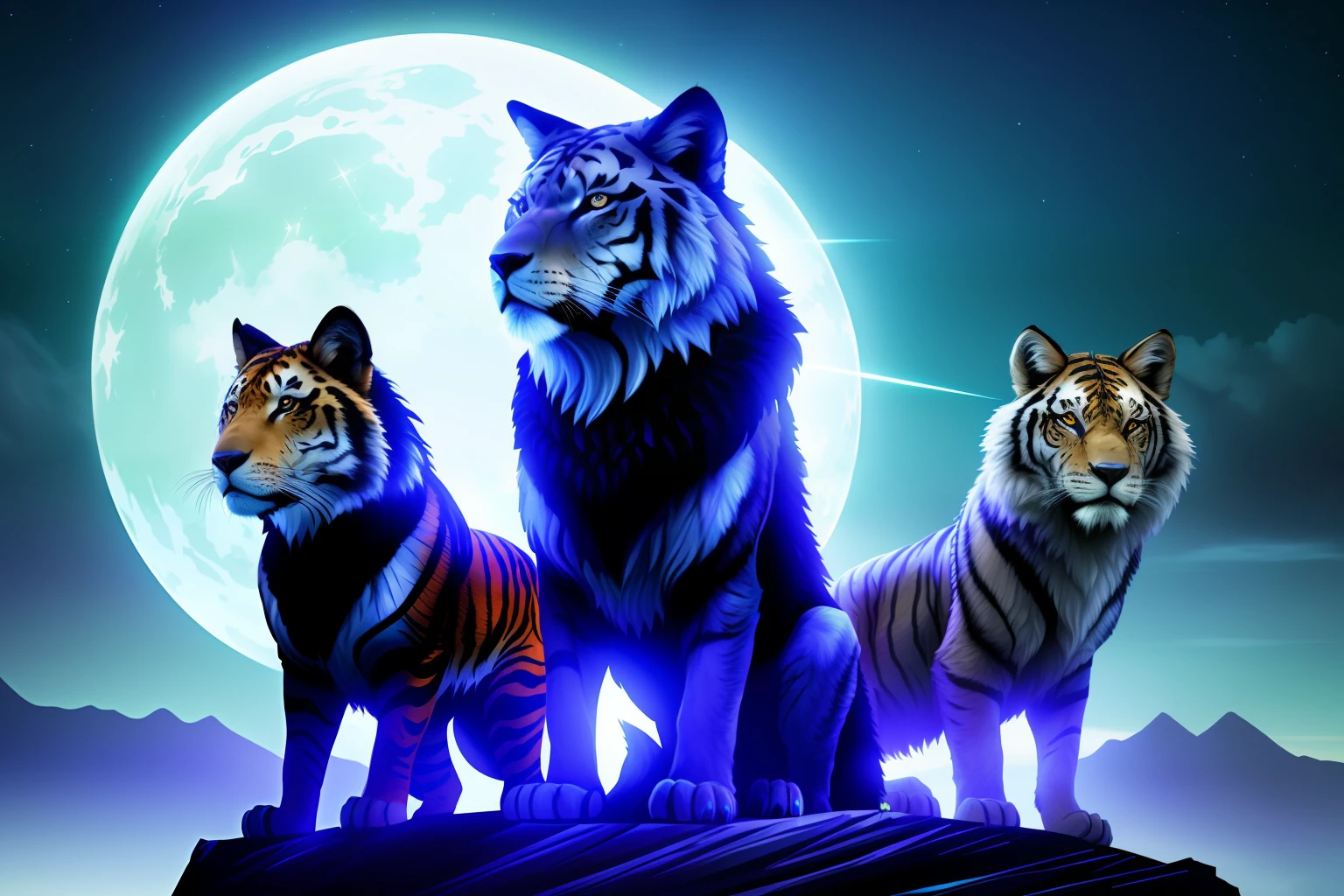 Create an image that depicts felines, wolves, tigers and lions dressed in futuristic armor, amidst a beautiful nightscape. Use dark and mysterious tones such as deep blue and purple to create the immersive nighttime scenery. Felines and wolves should be dressed in shiny futuristic armor, combining technological elements with animal characteristics, underscoring their strength and elegance. Position them in a majestic formation, as if on guard, protecting the nightscape.

The landscape should be lush, with majestic mountains and a bright moon illuminating the starry sky. Add futuristic elements such as distant skyscrapers and flying vehicles to create an atmosphere of an advanced world. Allow the image to convey a sense of power and mystery, while the guardians of the night intently watch the horizon, ready to defend and preserve the harmony of the environment.

This image should inspire admiration and spark the imagination, evoking a sense of protection and preservation of nature, even in a futuristic setting.