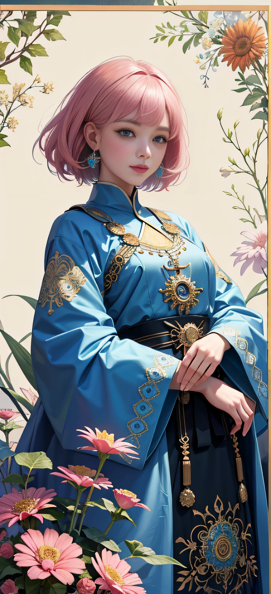 (Masterpiece, Top Quality, Best Quality, Official Art, Beauty and Aesthetics: 1.2), (1girl), Korean, (Smile), Extremely detailed, Colorful, Supreme Detailed, Uniform 8k wallpaper, Ultra detailed, Beautiful, Pale Pink hair color, (zentangle, flower, mandala, tangled, entangled), water art, surround, entangled, real, sci-fi background