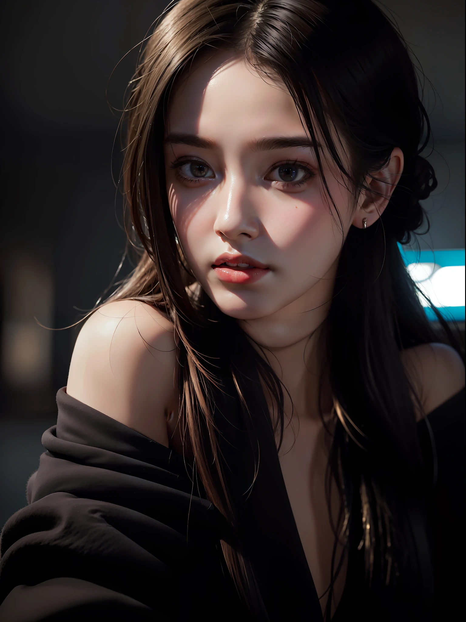 Best quality, masterpiece, ultra high res, (photorealistic:1.4), raw photo, 1girl, offshoulder, in the dark, deep shadow, low key, cold light, at a busy traffic