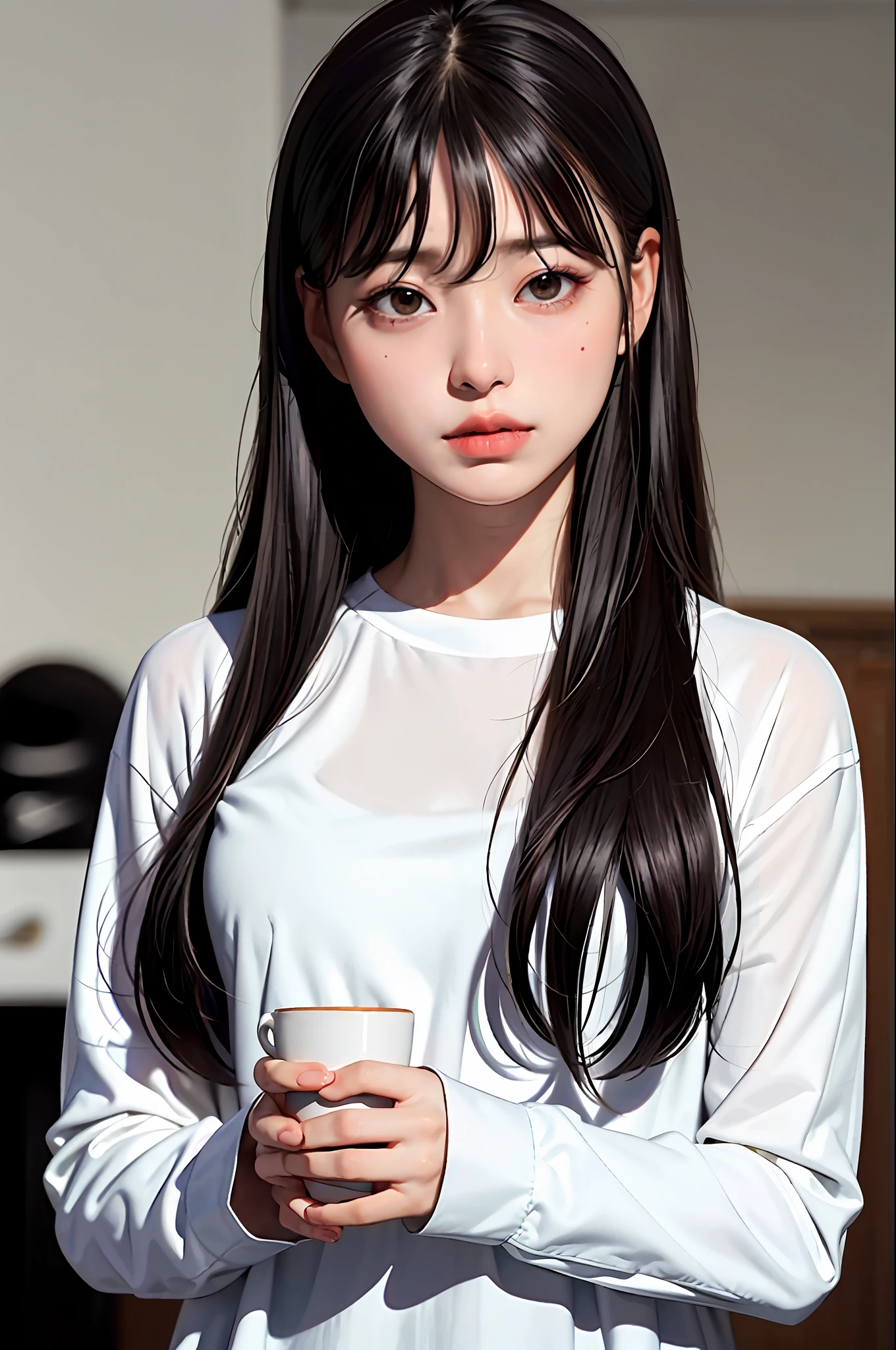 masterpiece, best quality, (dark photo: 1.3), photorealistic, 1girl, flat bangs, stunning innocent symmetrical face, shirt, emotional, orchan, (PureErosFace_V1:0.7), cup of coffee, enako
