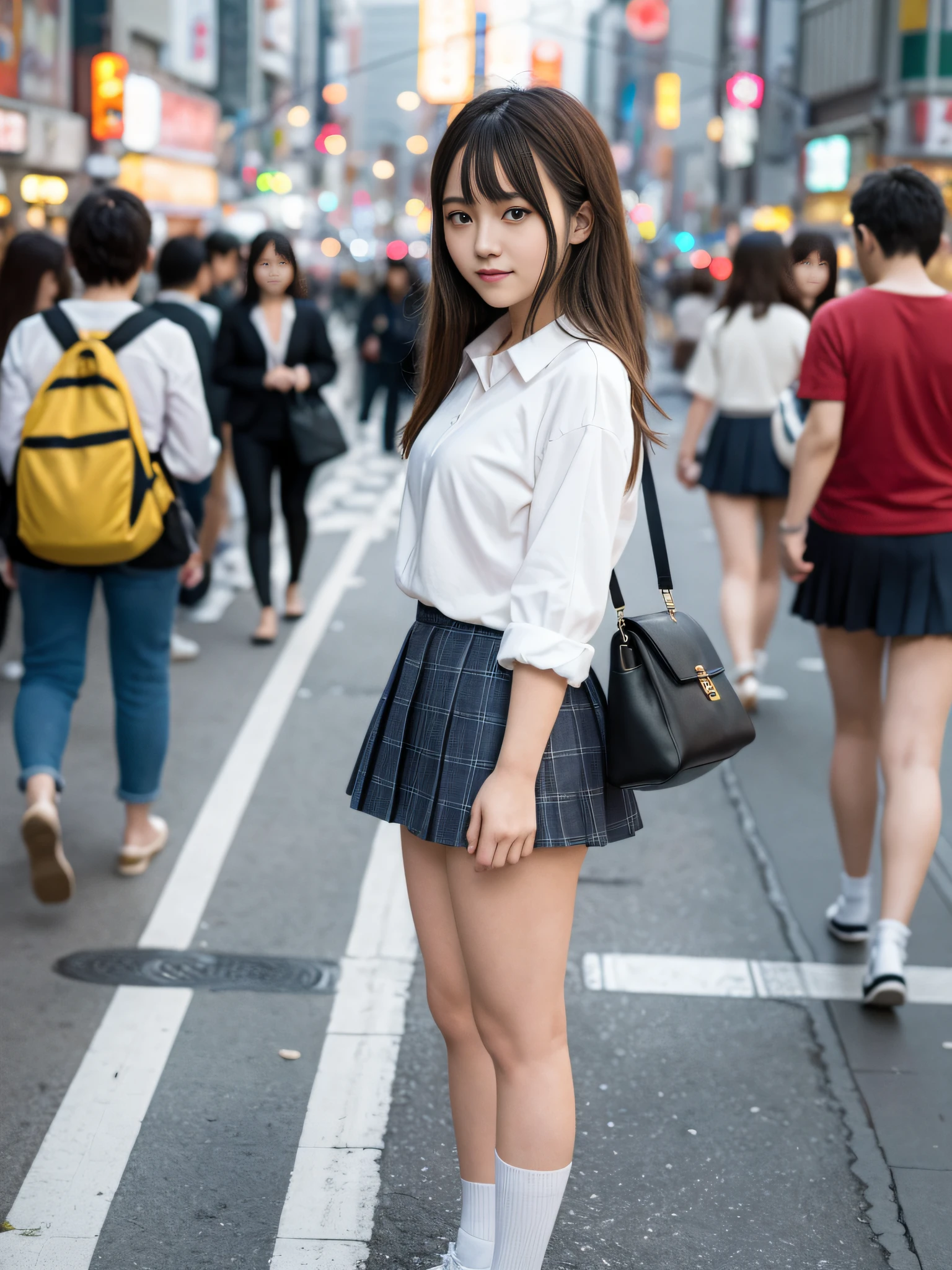 Ultra top quality, masterpiece, ultra high resolution, (photorealistic: 1.4), highly detailed CG Unity 8k wallpaper, detailed and complex, original, high resolution, raw photo, (perfect figure), fine and complex, DSLR, soft lighting, high quality, film grain, Leica camera, 50mm lens, backlight, HDR, hyperrealistic, color grade, dynamic pose, portrait, Japan person, smile, lips, bangs, (crowded akihabara: 1.2), front view viewer, natural light, girl, 20 years old, full body, solo, student, junior high school, uniform, sailor color, bobby socks, pleated skirt, daytime, on the street, deep shadow, cute, beauty, discreet, cold light 12000K \ Street, store status, Akihabara, Shinjuku, Shibuya, Ikebukuro