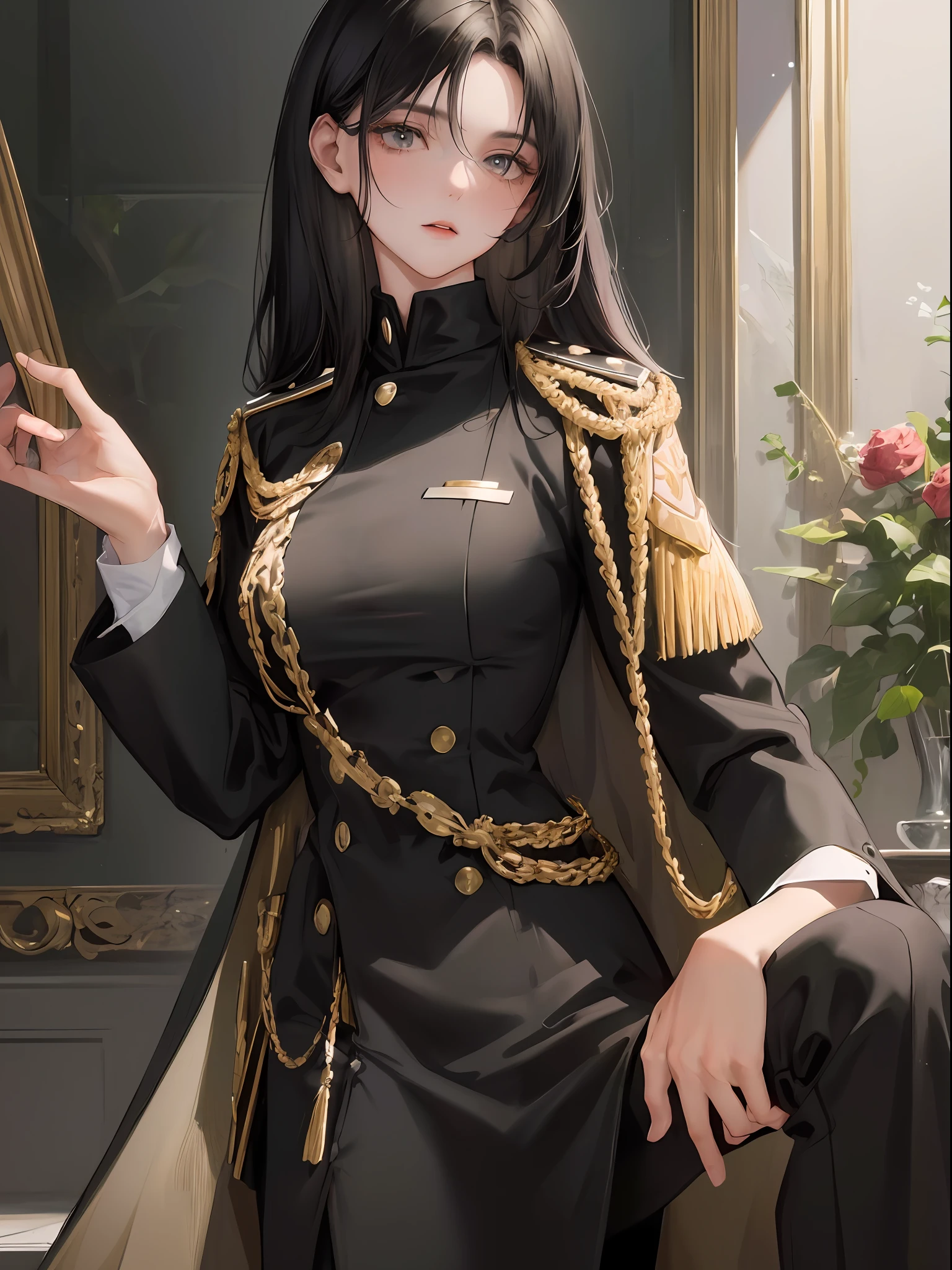 (highest resolution, distinct_image) best quality, woman, masterpiece, high detail, semi-realistic, short black hair, black hair, bangs, 21 years old, shoulder-length hair, mature, young, black clothes, black uniform, military academy beauty heroic heroic posture interior background exquisite and exquisite facial features