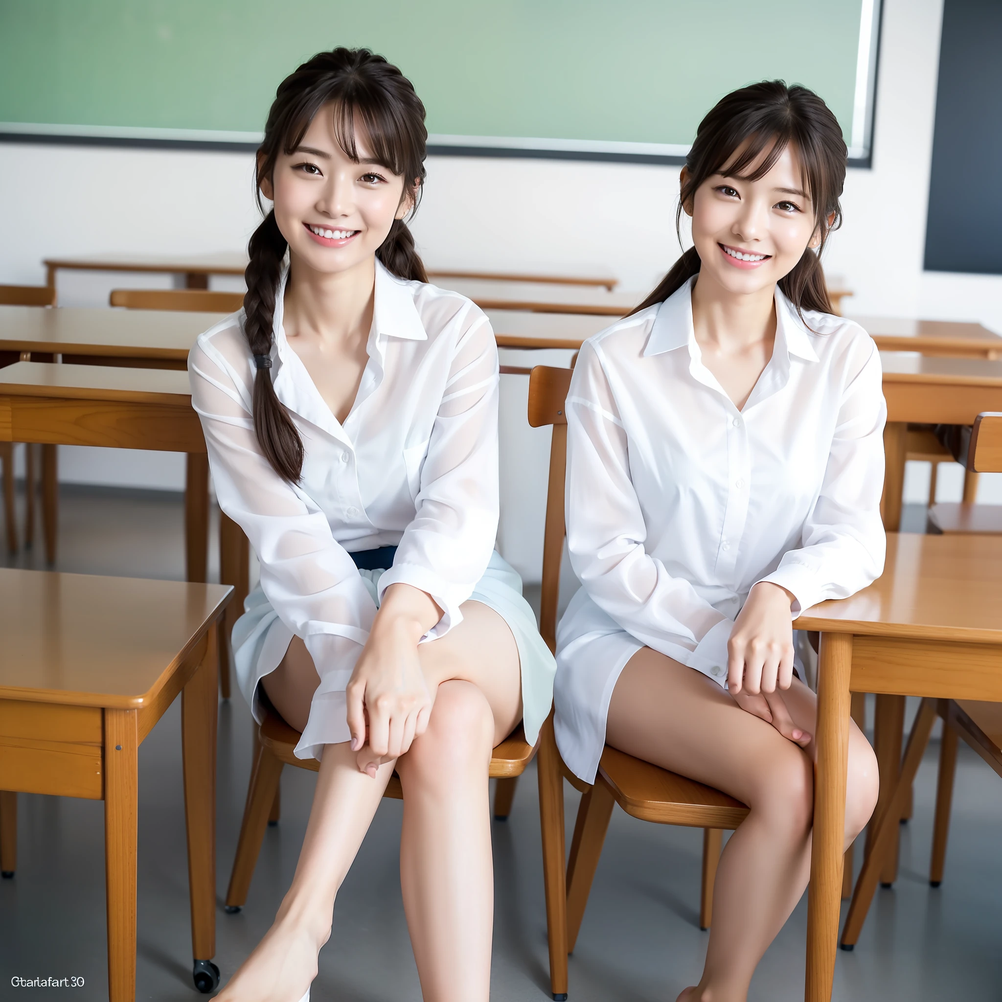 ((top quality, 8k, masterpiece: 1.3)), RAW photos, realistic skin texture, professional lighting, solo, super cute Japan schoolgirl, slender perfect figure, (random hairstyle, big: 1.2), high school classroom, (sitting on a chair, spreading legs: 1.2), see-through button-up white shirt, pleated mini cart, thighs, bare feet, super detailed face, super detailed eyes, super detailed lips, A big smile