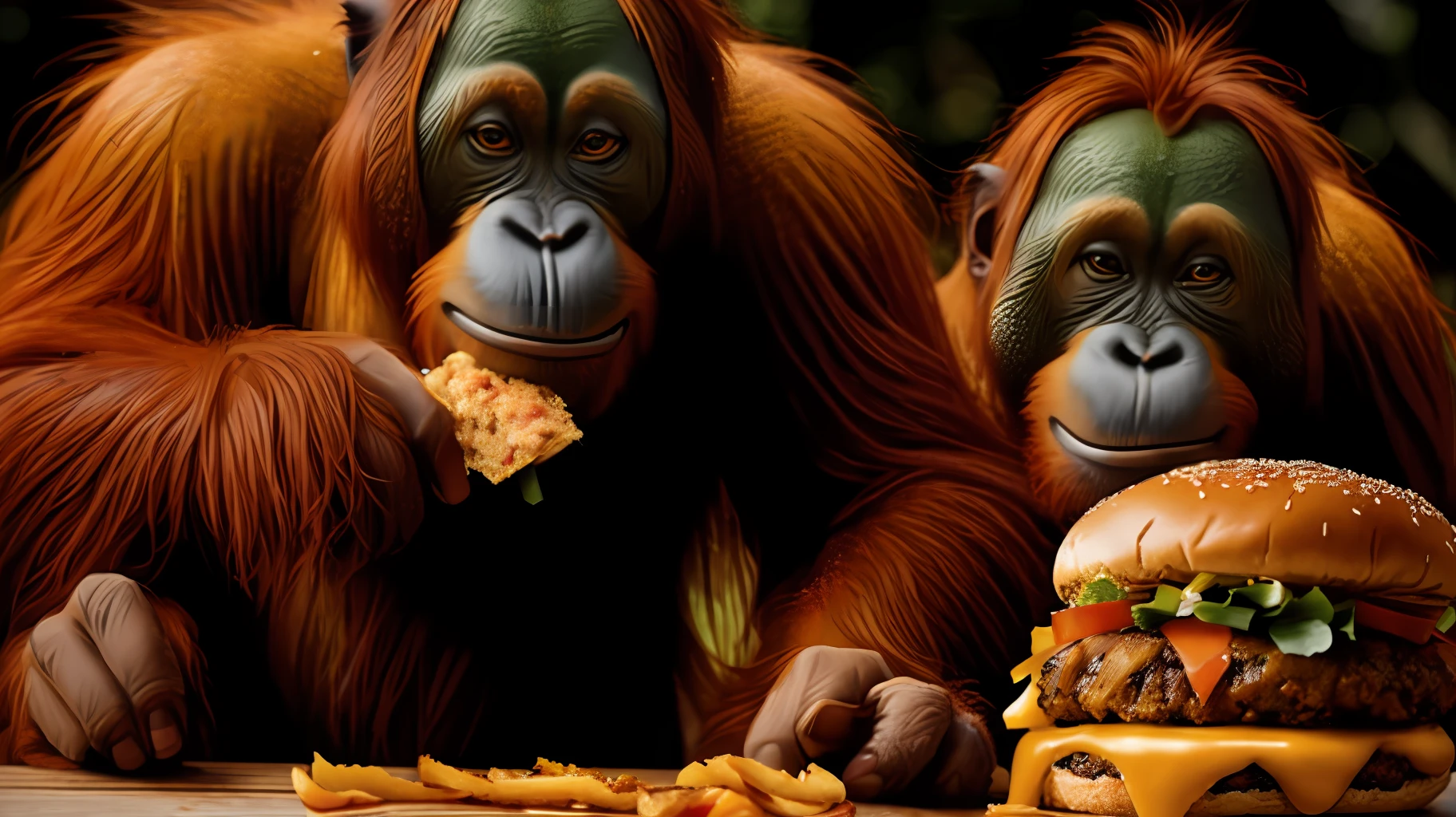 Orangutan climbing on a giant cheeseburger, mega detail, hyperreal, HD, 8k