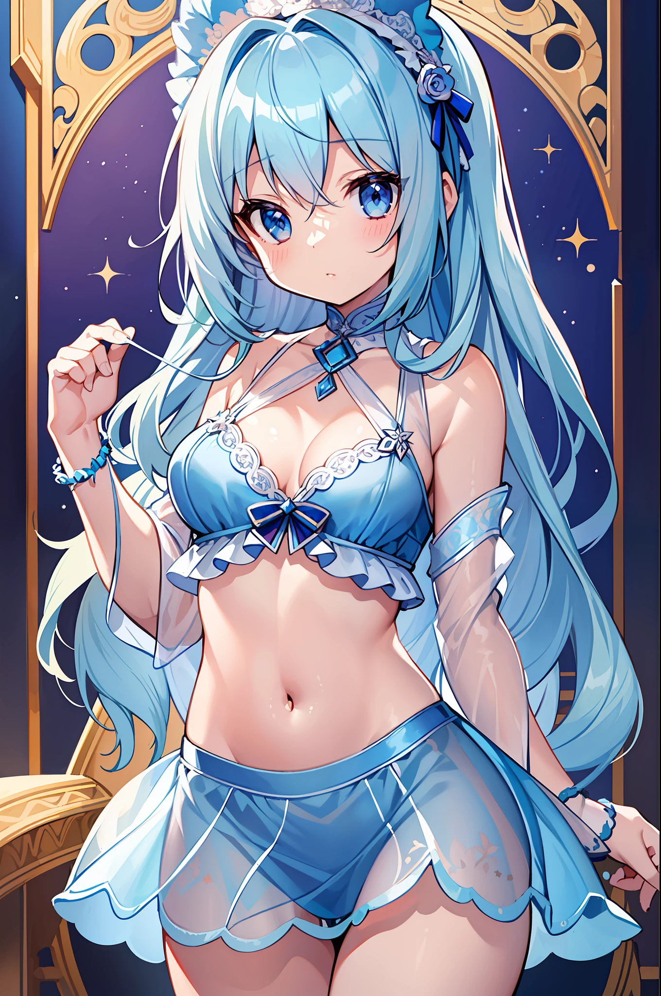 (MASTERPIECE), (Best Quality), (Super Detail), Official Art, One Girl, Lori with Pale Light Blue Hair, Petite  Girl, Loli, Blue and Silver See-Through Dress, Sleeveless, Off Shoulder, Small, Very Small, Small, Cleavage, Thigh Focus, Navel, Lower half of the chest is bare skin, Card illustration, Water