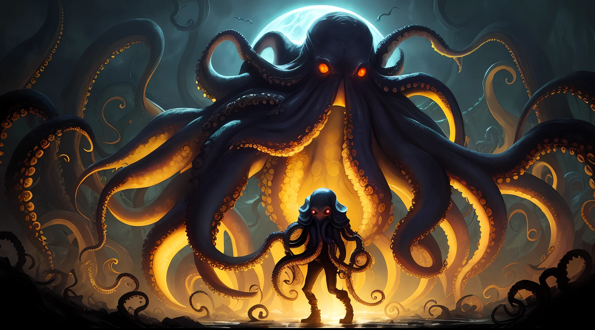 zrpgstyle, dark yellow swamp eldritch cultist, creature with (octopus tentacles:1.2), midnight moonlight backlight (masterpiece:1.2) (illustration:1.2) (best quality) (detailed) (intricate) (8k) (HDR) (wallpaper) (cinematic lighting) (sharp focus)