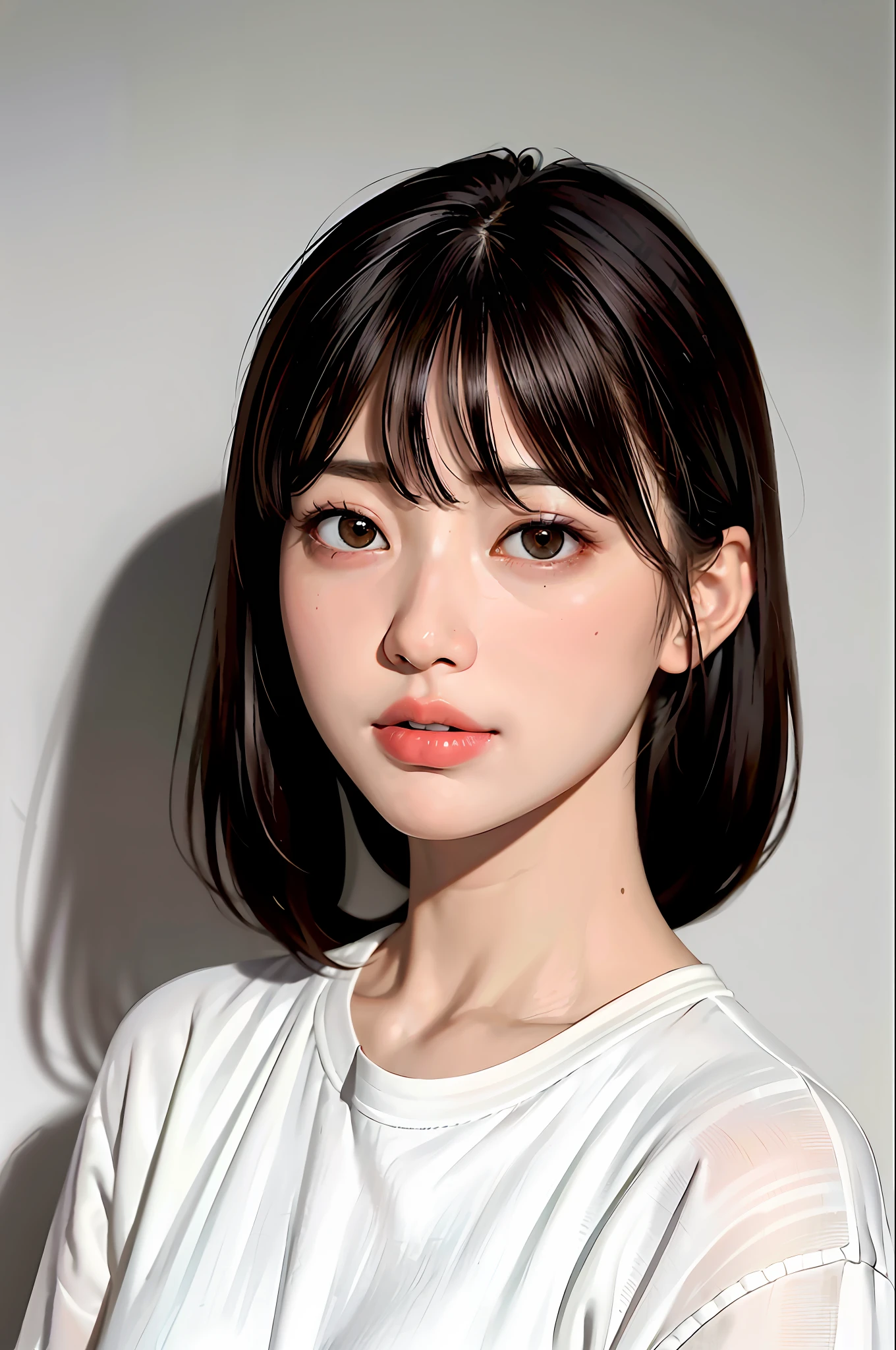 masterpiece, best quality, (dark photo: 1.3), photorealistic, 1girl, flat bangs, stunning innocent symmetrical face, shirt, emotional, orchan, (PureErosFace_V1:0.7), cup of coffee, enako