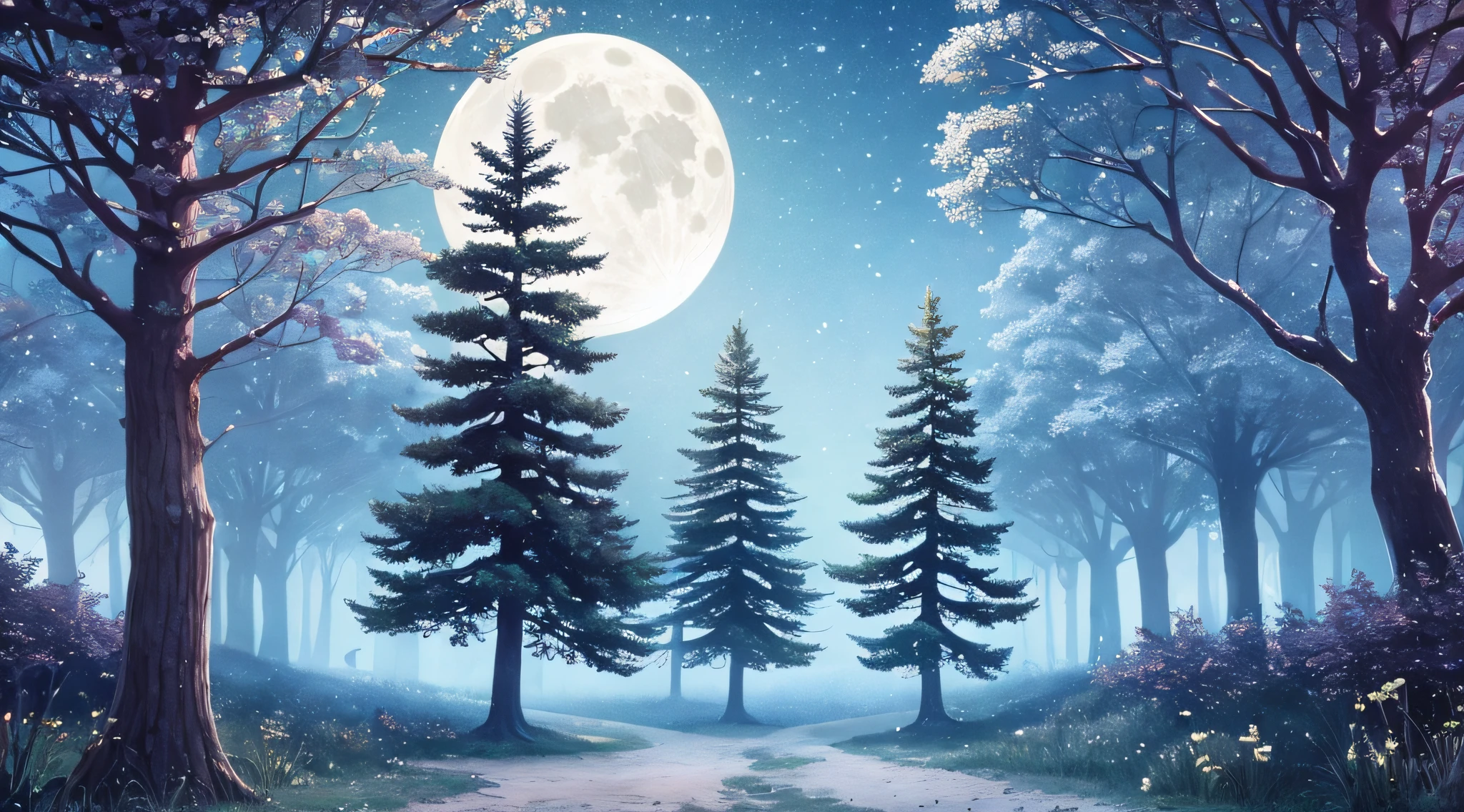 landscape, magic, trees, full moon, nocturnal, animals --auto --s2