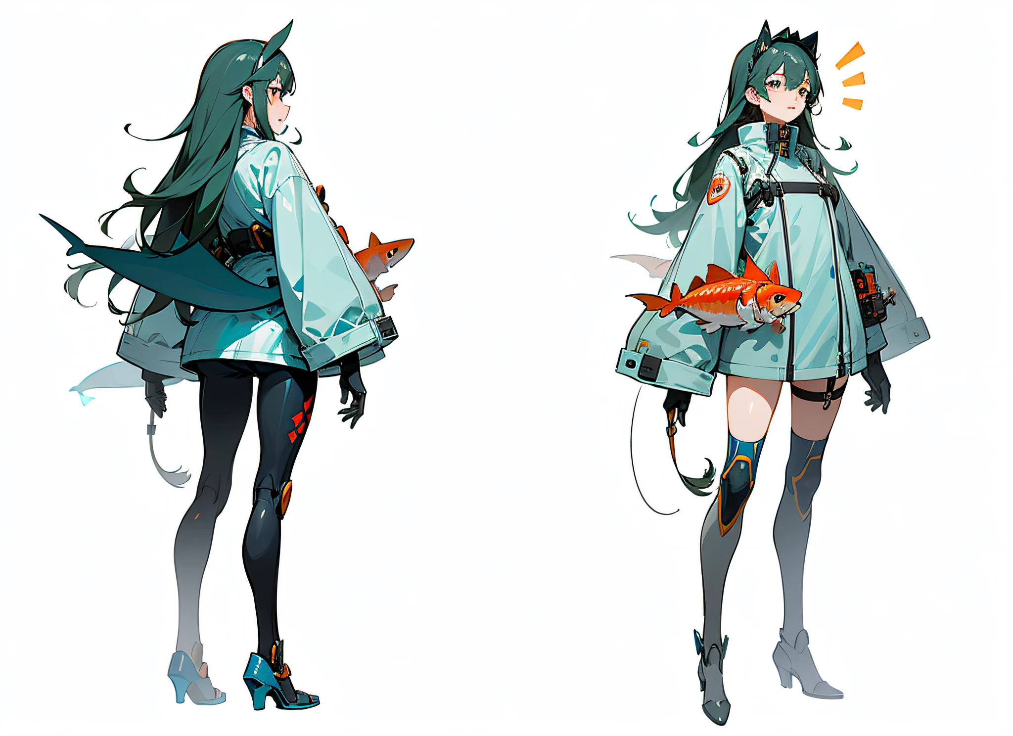 Anime characters, giant sharks, underwater elements with clouds above, anime robots mixed organic, mechanized witch girl, Sachin Teng, in the style of Sachin Teng, by Shitao, Mecha Aesthetics, Concept Art, E-Girl, E-Girl, Mouse Species Mecha, Mecha Animals, Krenz Cushart and Wenjun Lin, Cushart ((vtuber character design sheet, same character, front, side, Back)), full body, light shark background