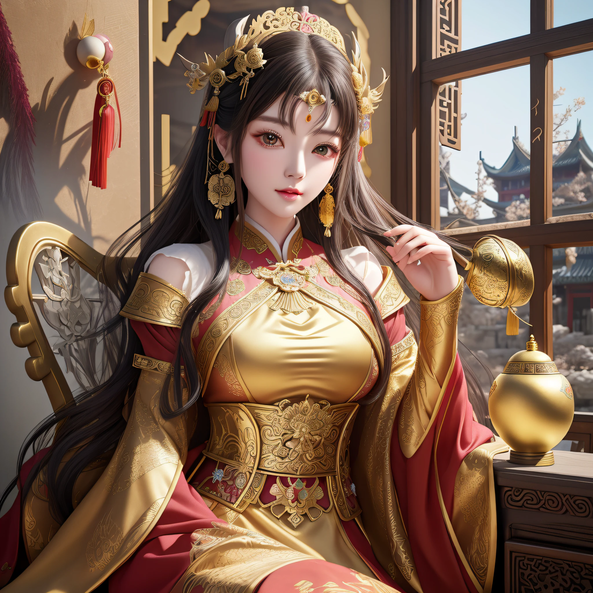 There is a woman in costume sitting on a chair, a beautiful fantasy queen, the palace, a girl in Hanfu, ((beautiful fantasy queen)), gorgeous cosplay, Chinese princess, inspired by Lan Ying, Chinese fantasy, ancient Chinese princess, Ruan family and Artgerm, goddess, gilded lotus princess, Chinese queen, flat lotus