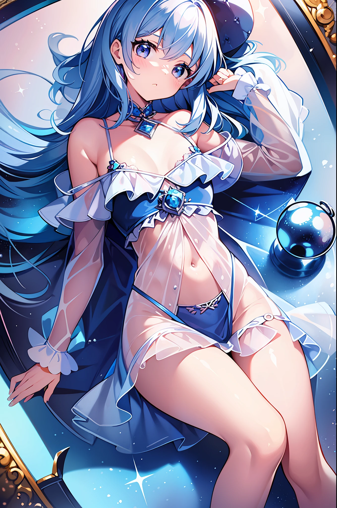 (MASTERPIECE), (Best Quality), (Super Detail), Official Art, One Girl, with Pale Light Blue Hair, Petite Littli, Blue and er See-Through Dress, Sleeveless, Off Shoulder, Small, Very Small, Small, Cleavage, Thigh Focl, Lower half of the chest is bare skin, Card illustration, Water