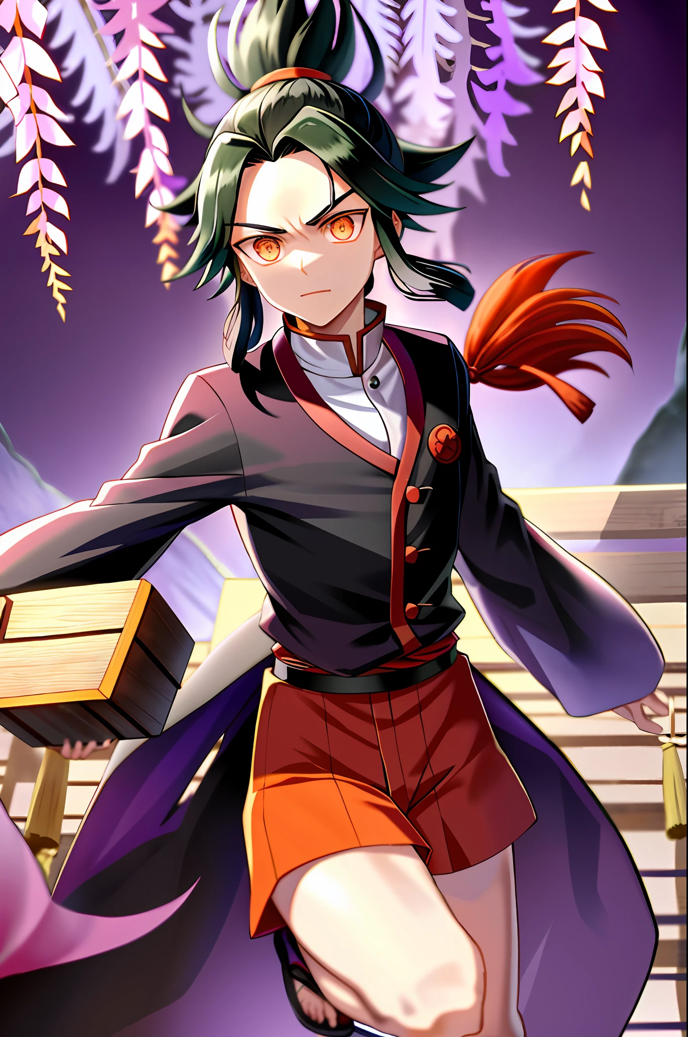 kimetsu no yaiba style, kamado tanjiro, with a wooden box on his back in which Netzuko sits, runs to his mission, where he meets Zenica and Inosuke running to a huge mountain behind a forest of wisteria from which the bright orange sun can be seen at dawn.