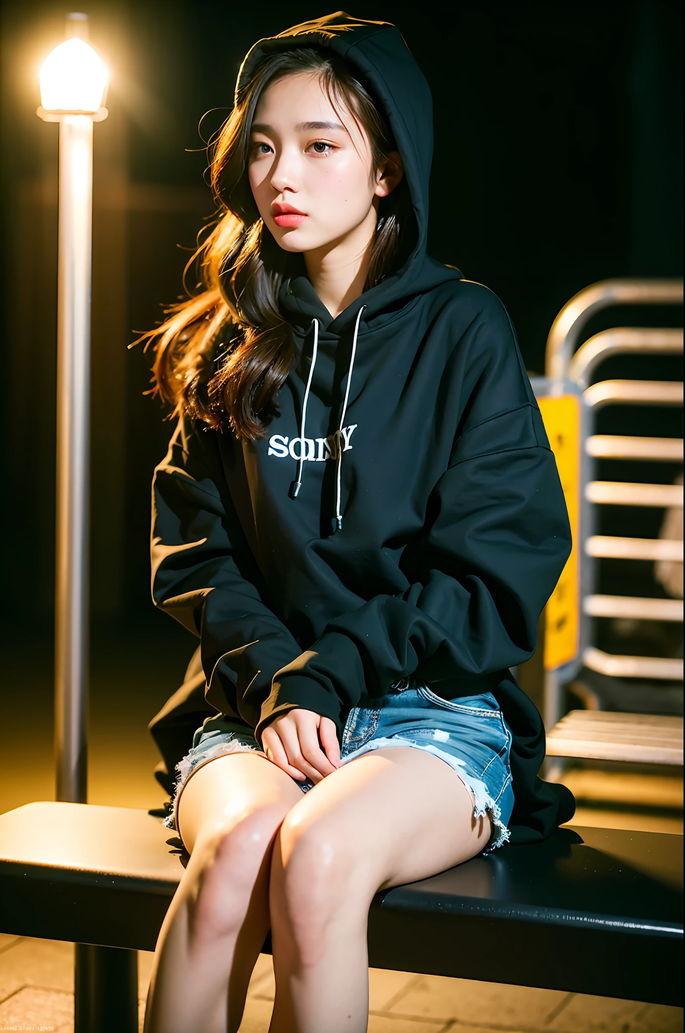 Sad theme , (best quality, masterpiece:1.2), 18yo beautiful  girl sitting the Bench,black hoody , (Street lamp background:1.3), shoot the Sony a7,3.5 mm Lens, f 1.8 apature, lighting glow effect,no retouching,raw photo realistic, skin texture is very detail ,no makeup, background lighting is yellow, raining day,atmosphere is moody, smoking girl,On the way to the vapors