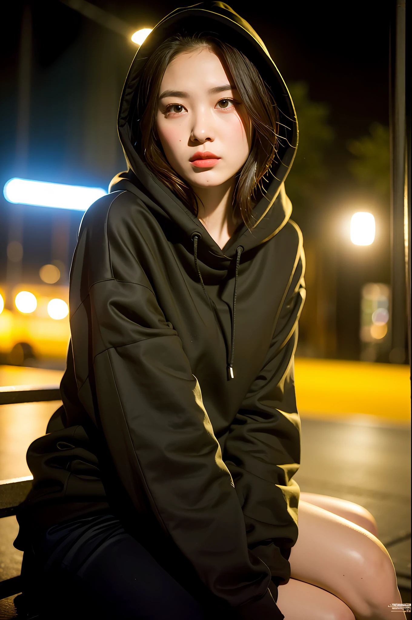 Sad theme , (best quality, masterpiece:1.2), 18yo beautiful  girl sitting the Bench,black hoody , (Street lamp background:1.3), shoot the Sony a7,3.5 mm Lens, f 1.8 apature, lighting glow effect,no retouching,raw photo realistic, skin texture is very detail ,no makeup, background lighting is yellow, raining day,atmosphere is moody, smoking girl,On the way to the vapors