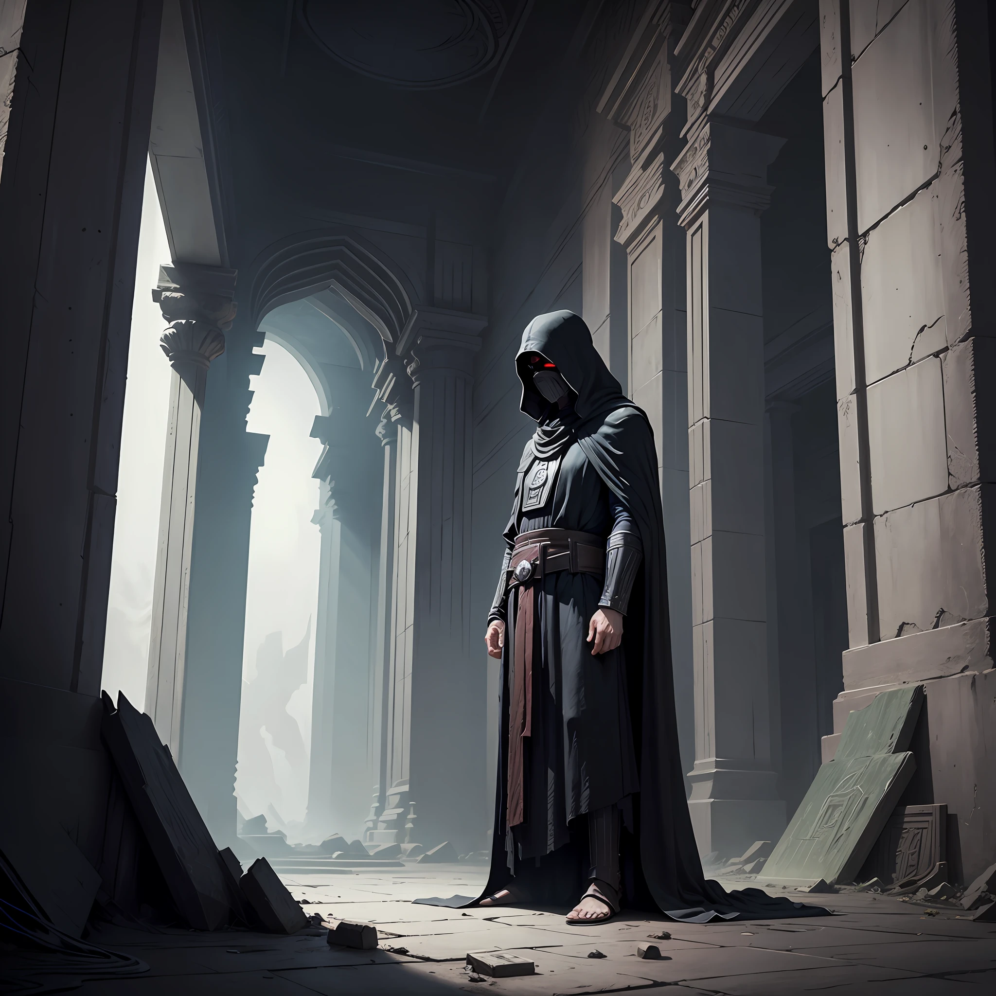 Sith lord alone in a forgotten temple, dark ambience
