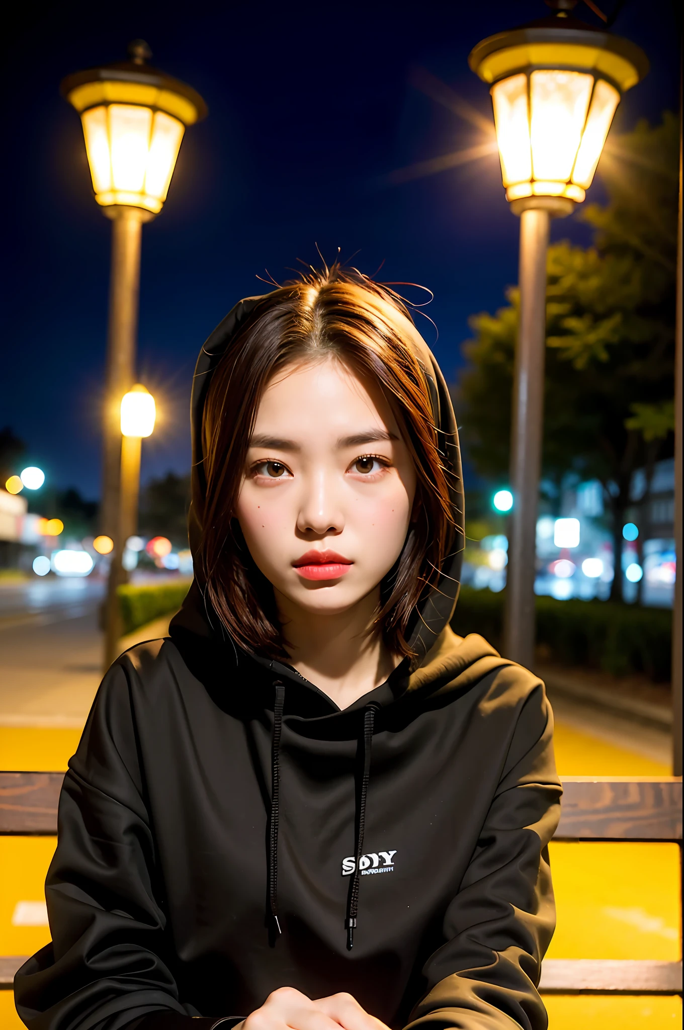 Sad theme , (best quality, masterpiece:1.2), 18yo beautiful girl sitting the Bench,black hoody , (Street lamp background:1.3), shoot the Sony a7,3.5 mm Lens, f 1.8 apature, lighting glow effect,no retouching,raw photo realistic, skin texture is very detail ,no makeup, background lighting is yellow, raining day,atmosphere is moody, smoking girl,On the way to the vapors
