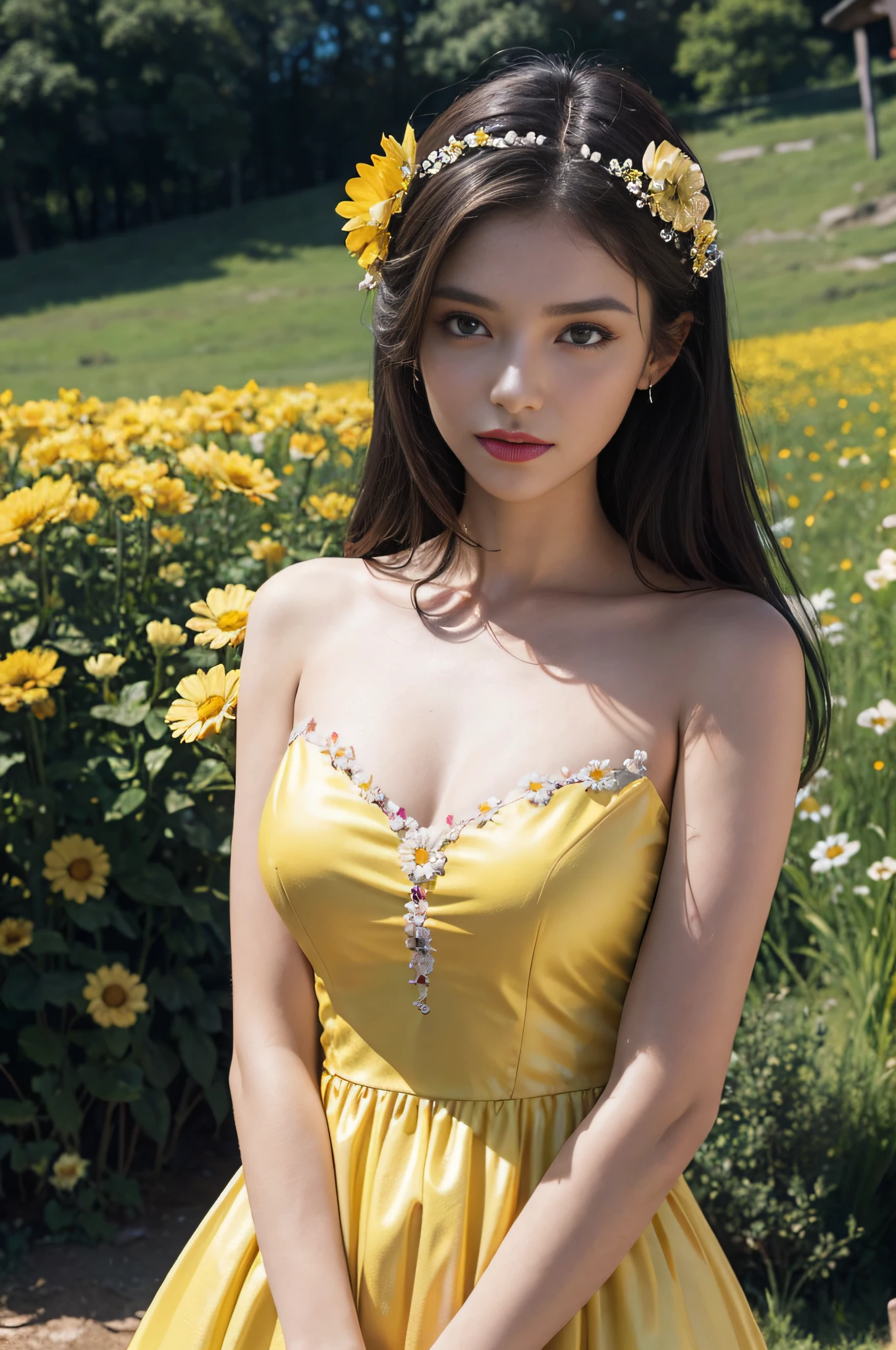Portrait of a romanian beautiful woman in a field of flowers, yellow dress, extremely detailed