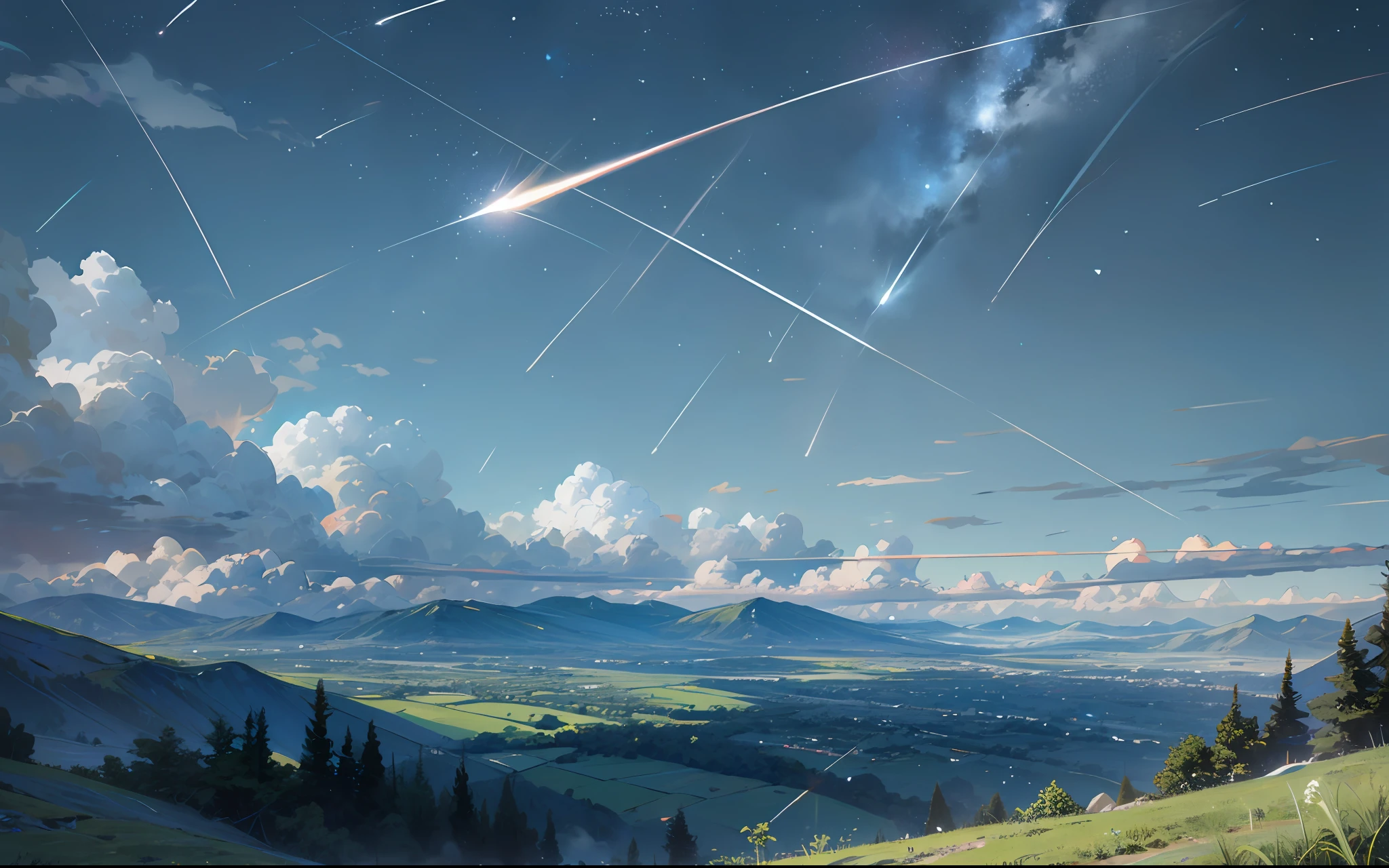 Mountains, lush greenery, blue sky, shooting stars --auto --s2