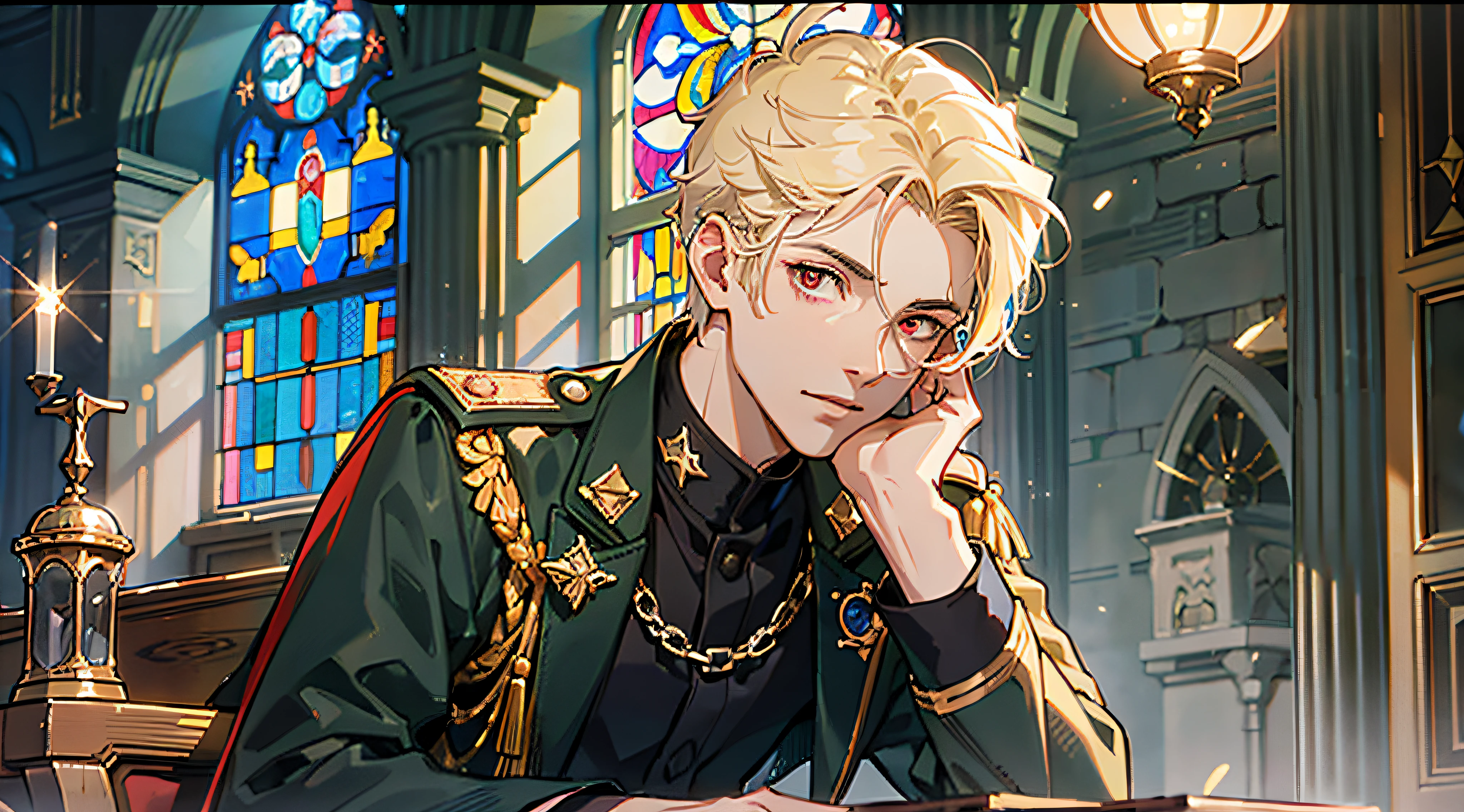 ((Masterpiece: 1.4, highest quality)), ((Masterpiece, highest quality)), (Church: 1.2), (Fragment: 1.2), (Stained glass: 1.3), 1 male, Young adult, Handsome, Pillar, Sky Cover, (Very short blonde and red-eyed spiked hair)), Delicate hair, Military uniform, Grimace, (light particles), (Moonlight shining through the window), dark atmosphere, (Behold: 1.3), Cowboy Shots